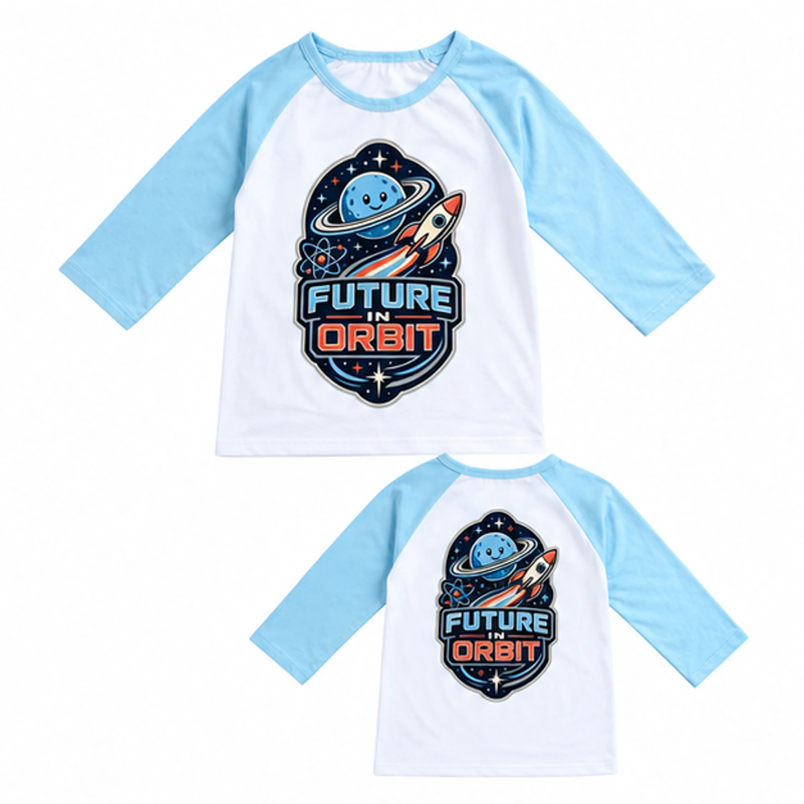 Light Blue · Short-Sleeve Style option for Future in Orbit Custom Kids Soft Three-Quarter-Sleeve Top — Alternate Style, AI-redrawn from the exact blank product and approved logo reference