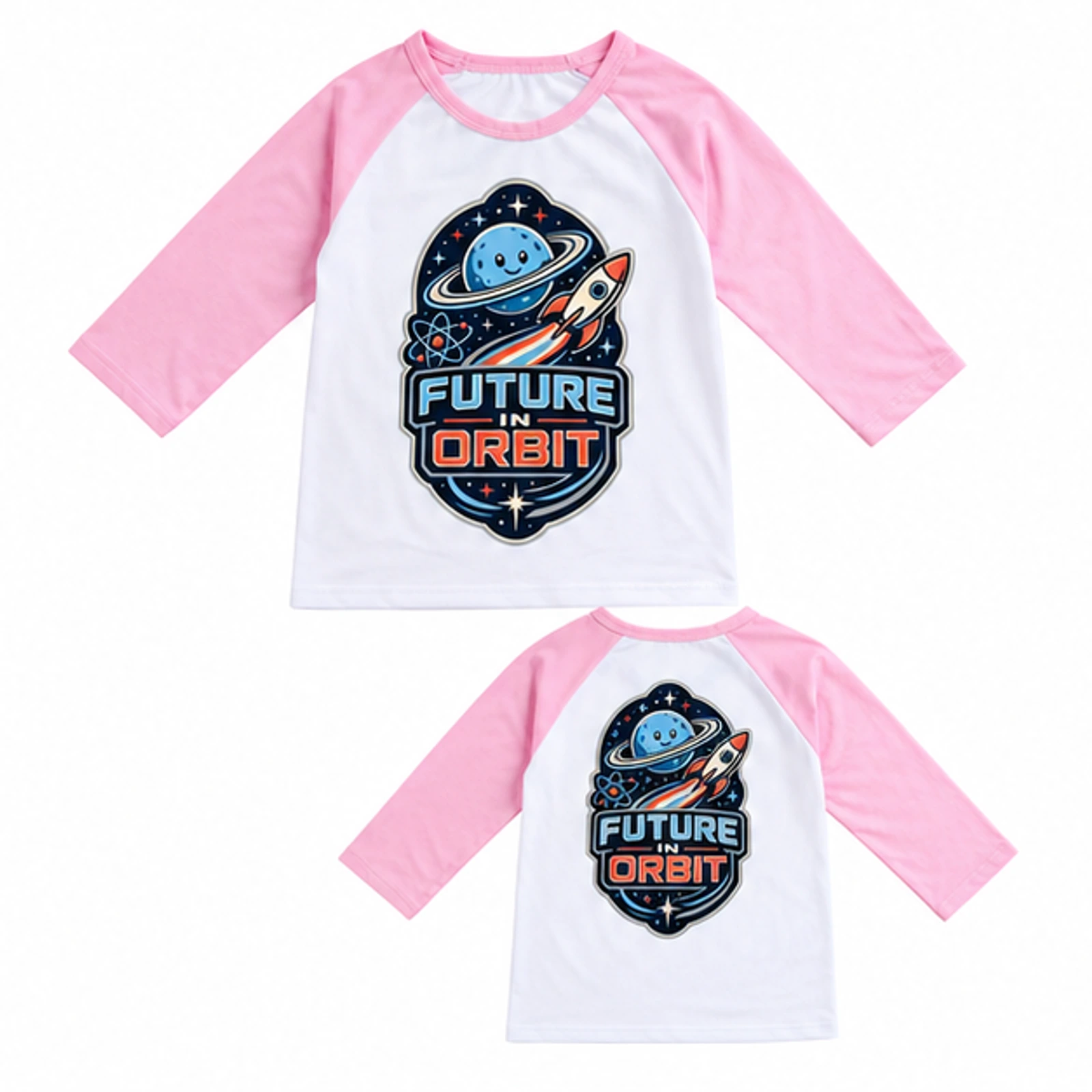 Future in Orbit Custom Kids Soft Three-Quarter-Sleeve Top — Alternate Style, AI-redrawn from the exact blank product and approved logo reference, alternate clean ecommerce view