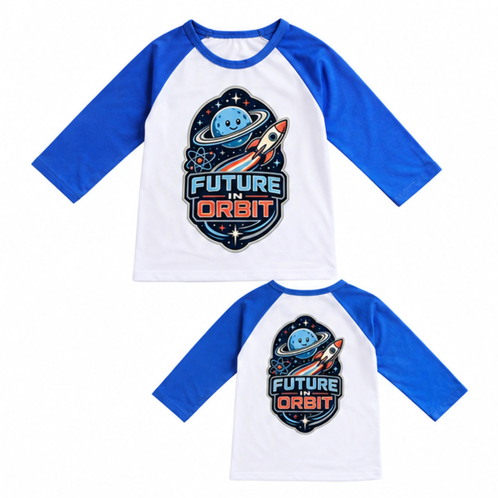 Future in Orbit Custom Kids Soft Three-Quarter-Sleeve Top — Alternate Style, AI-redrawn from the exact blank product and approved logo reference