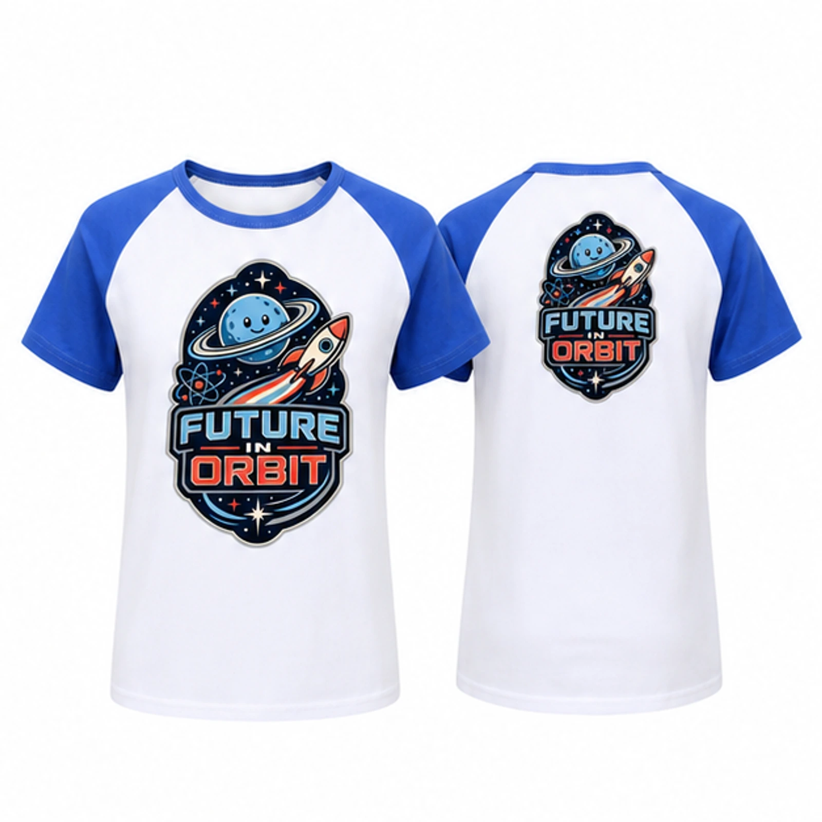 Blue · Short-Sleeve Style option for Future in Orbit Custom Kids Soft Short-Sleeve Top, AI-redrawn from the exact blank product and approved logo reference