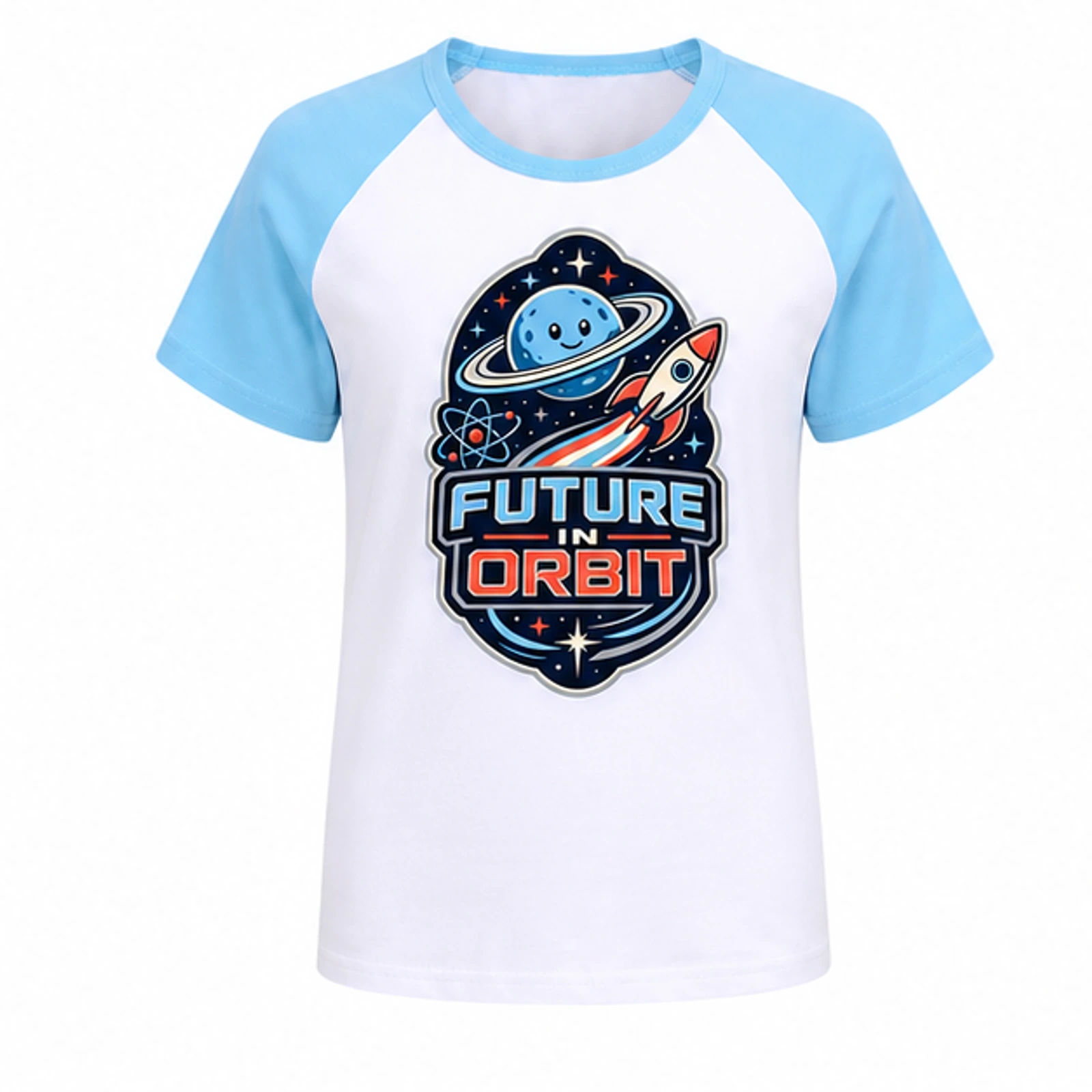 Future in Orbit Custom Kids Soft Short-Sleeve Top, AI-redrawn from the exact blank product and approved logo reference, alternate clean ecommerce view