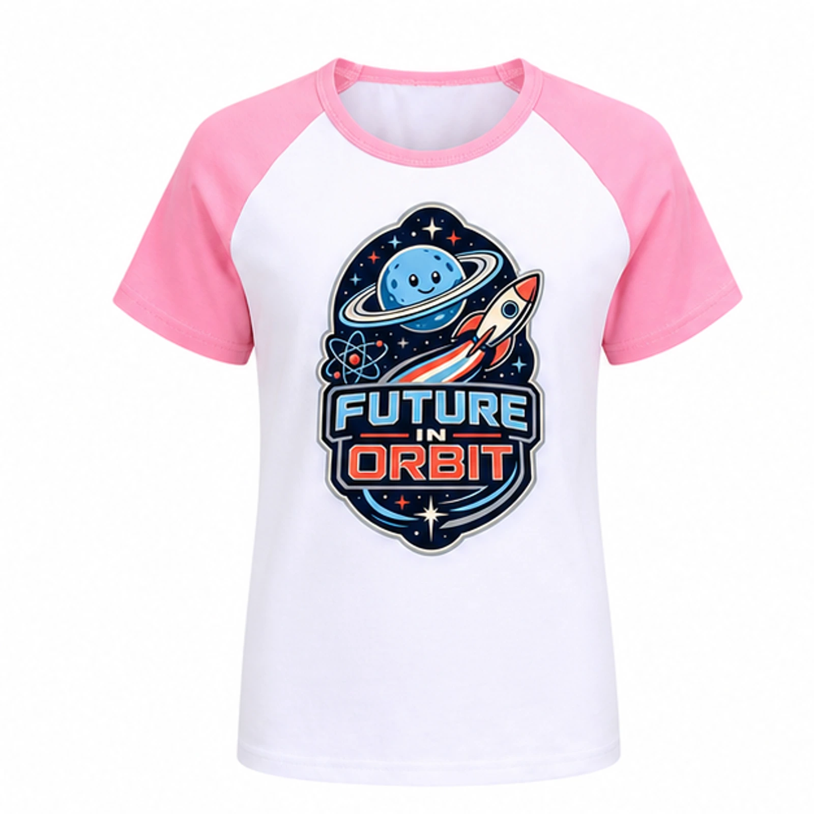 Future in Orbit Custom Kids Soft Short-Sleeve Top, AI-redrawn from the exact blank product and approved logo reference