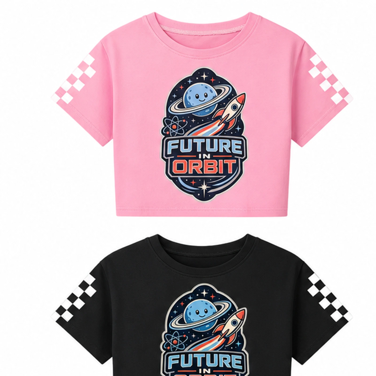 Pink option for Future in Orbit Custom Kids Checker-Sleeve Cropped Short-Sleeve Top, AI-redrawn from the exact blank product and approved logo reference