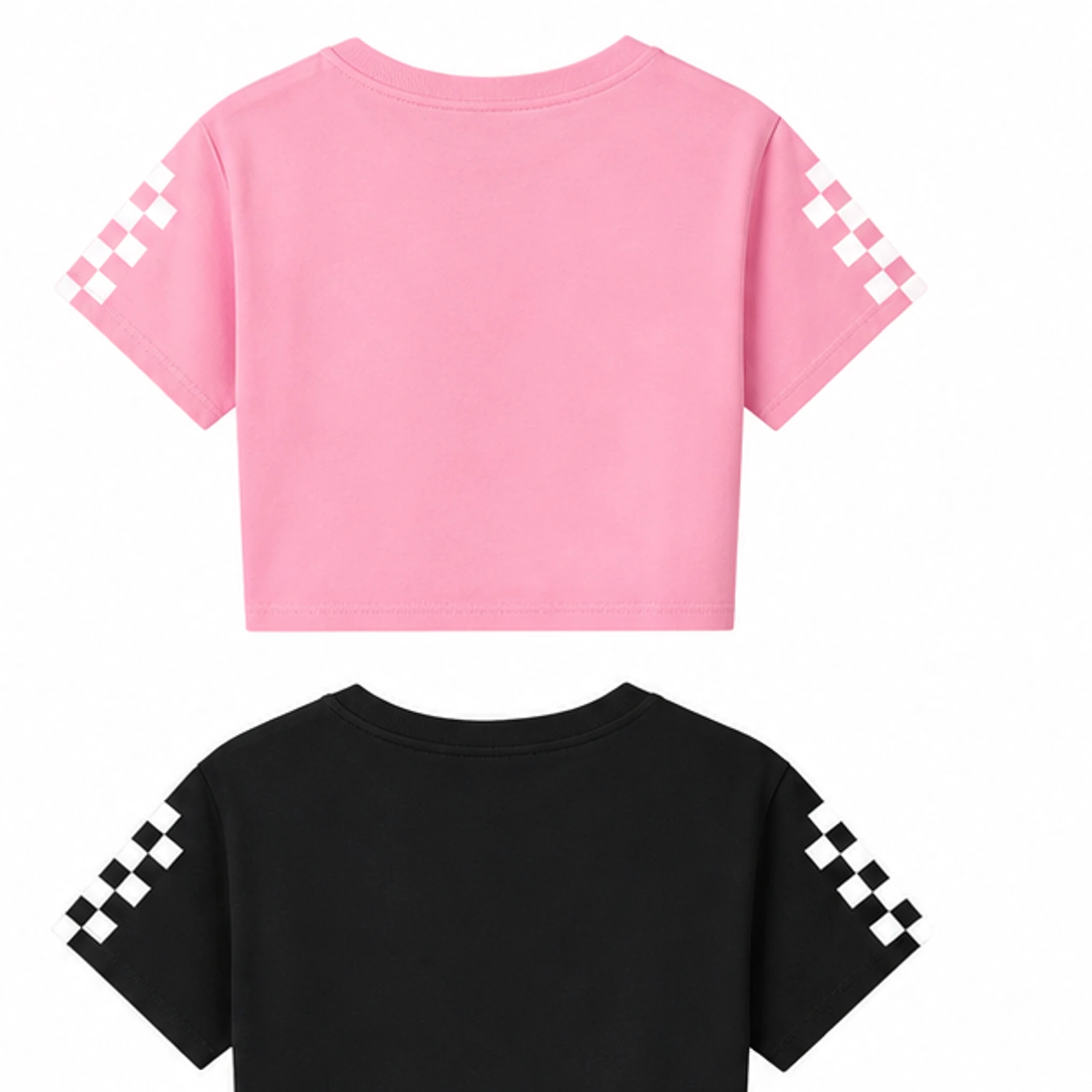 Future in Orbit Custom Kids Checker-Sleeve Cropped Short-Sleeve Top, AI-redrawn from the exact blank product and approved logo reference, alternate approved color view