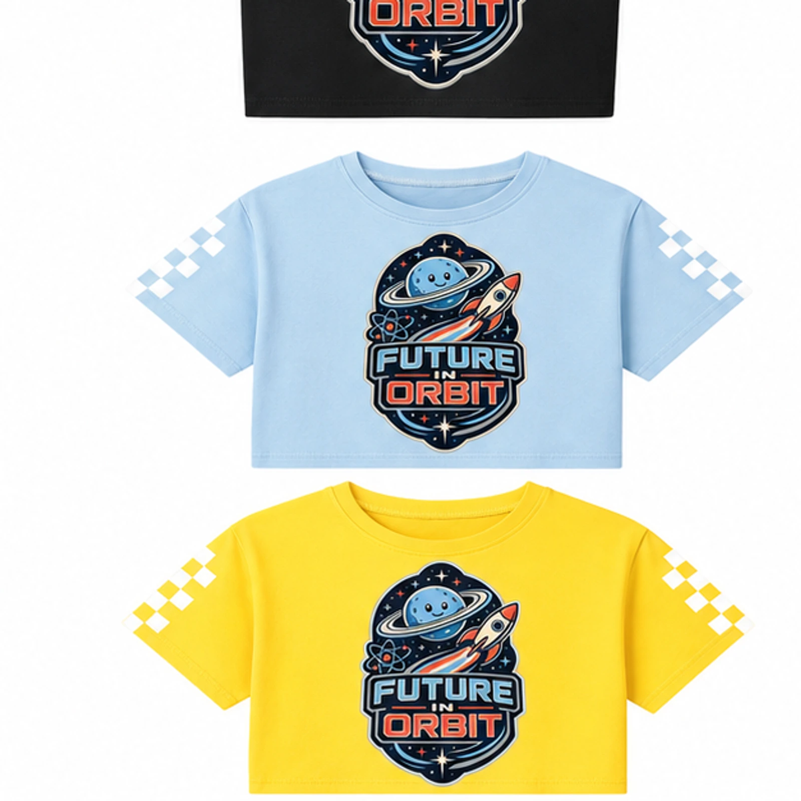 Future in Orbit Custom Kids Checker-Sleeve Cropped Short-Sleeve Top, AI-redrawn from the exact blank product and approved logo reference, alternate clean ecommerce view