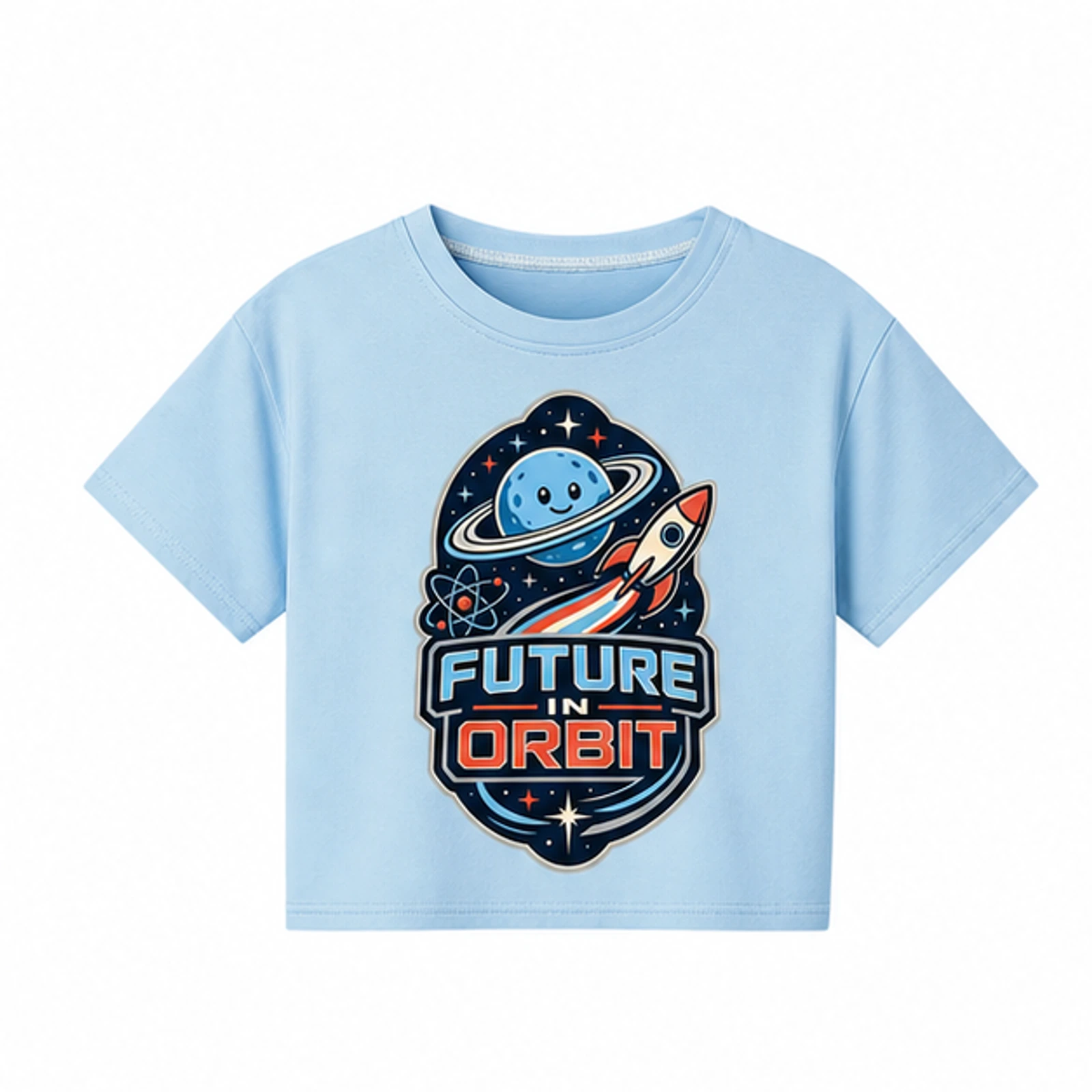Light Blue option for Future in Orbit Custom Kids Cropped Short-Sleeve Top, AI-redrawn from the exact blank product and approved logo reference