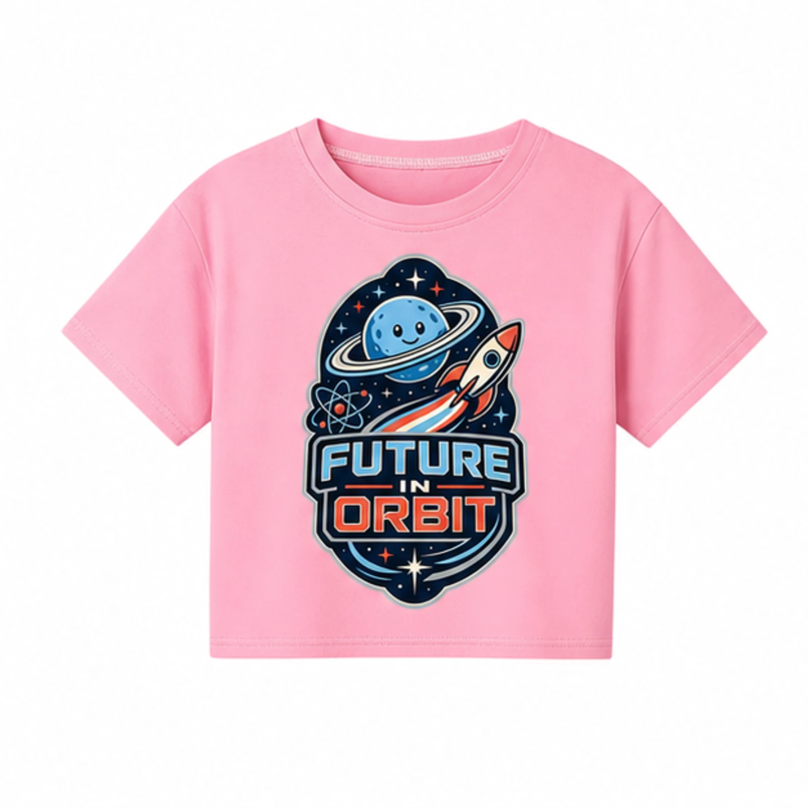 Future in Orbit Custom Kids Cropped Short-Sleeve Top, AI-redrawn from the exact blank product and approved logo reference, alternate clean ecommerce view