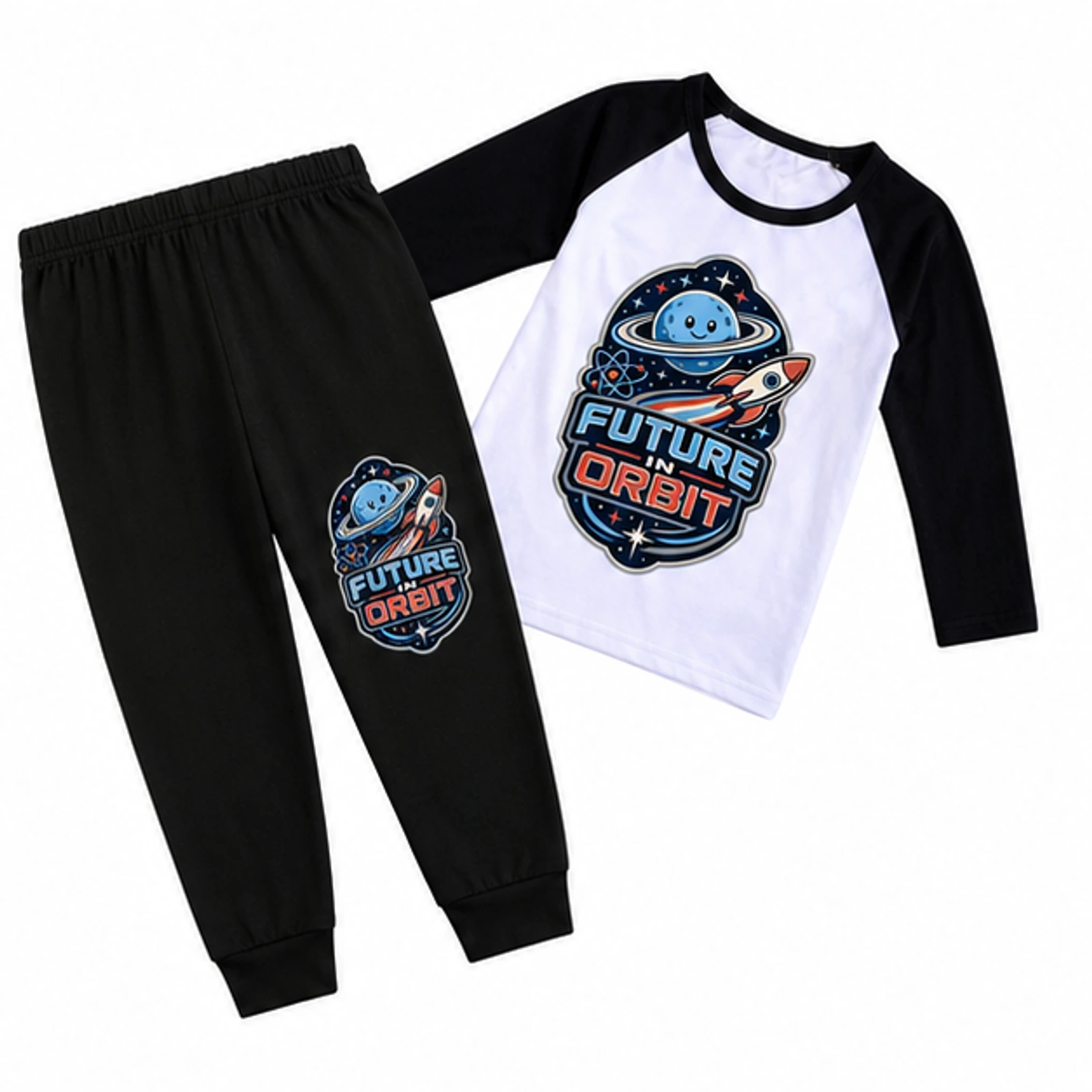 Black · Short-Sleeve Style option for Future in Orbit Custom Kids Three-Quarter-Sleeve Raglan Top & Pants Set, AI-redrawn from the exact blank product and approved logo reference