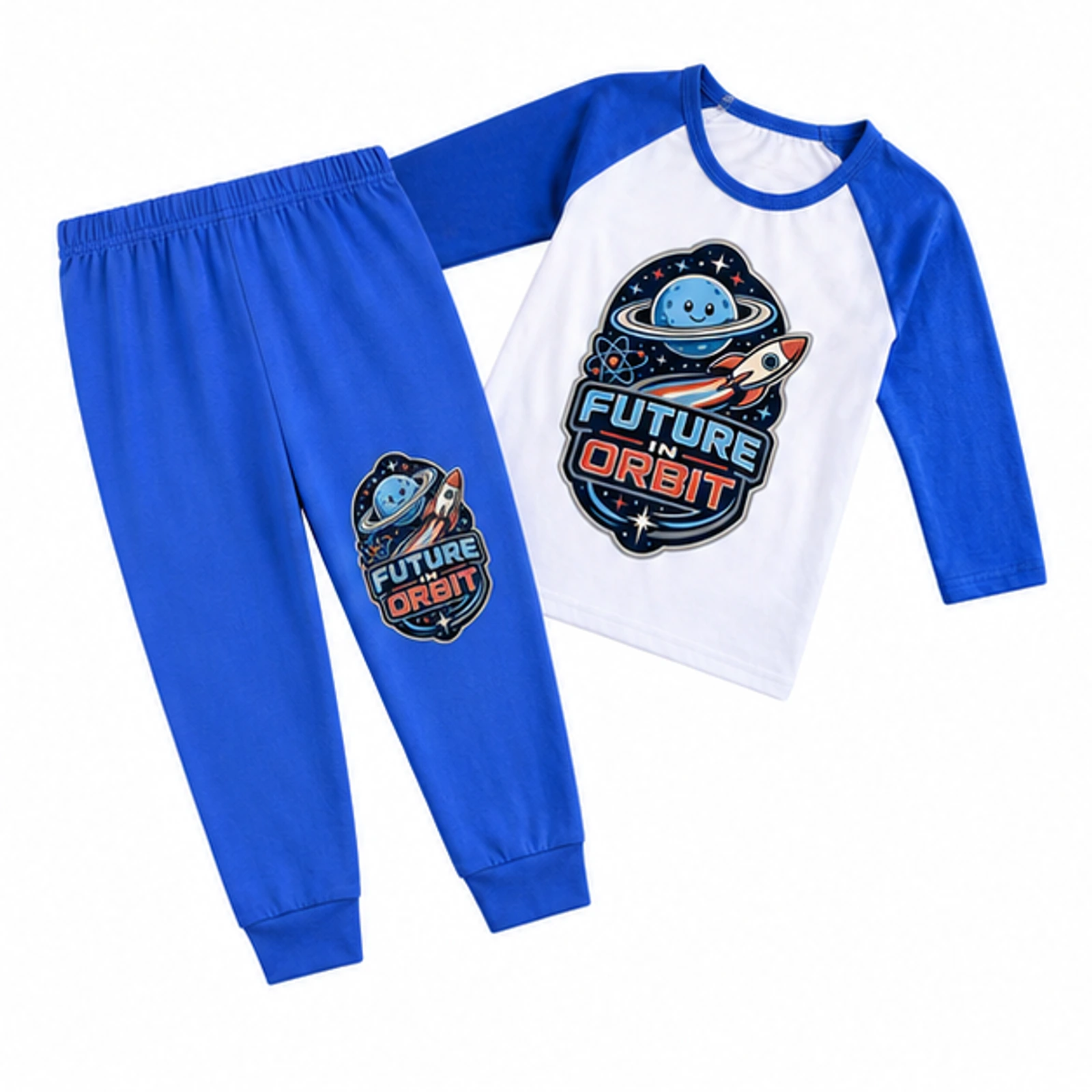 Future in Orbit Custom Kids Three-Quarter-Sleeve Raglan Top & Pants Set, AI-redrawn from the exact blank product and approved logo reference, alternate clean ecommerce view