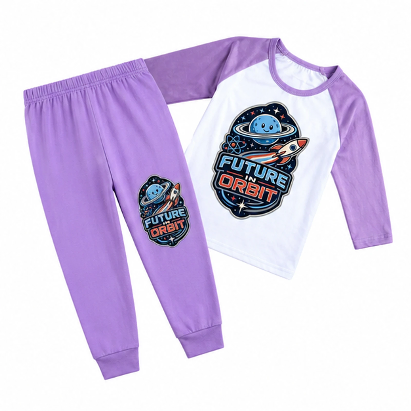 Future in Orbit Custom Kids Three-Quarter-Sleeve Raglan Top & Pants Set, AI-redrawn from the exact blank product and approved logo reference