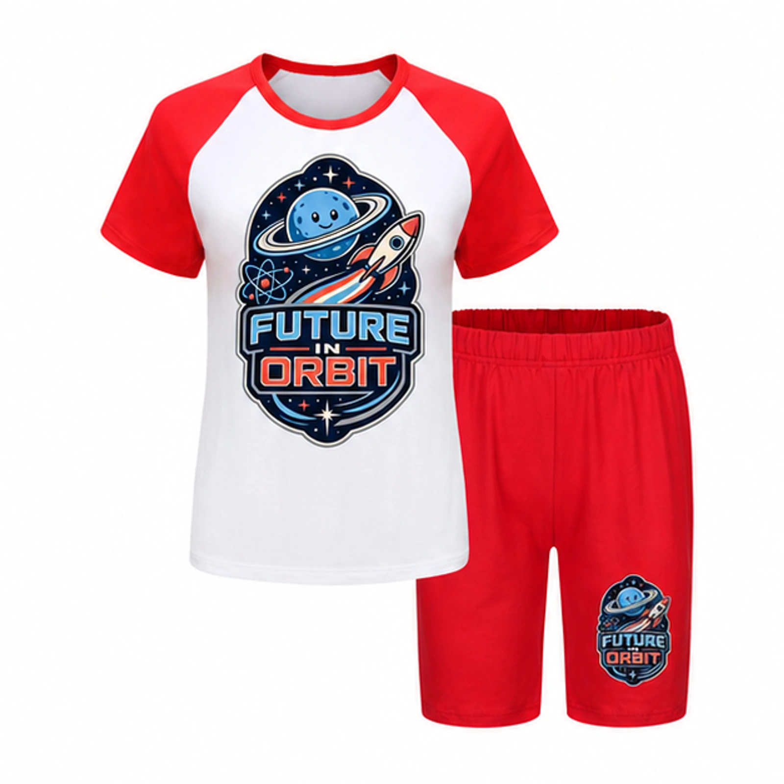Red option for Future in Orbit Custom Kids Summer Sports Set, AI-redrawn from the exact blank product and approved logo reference