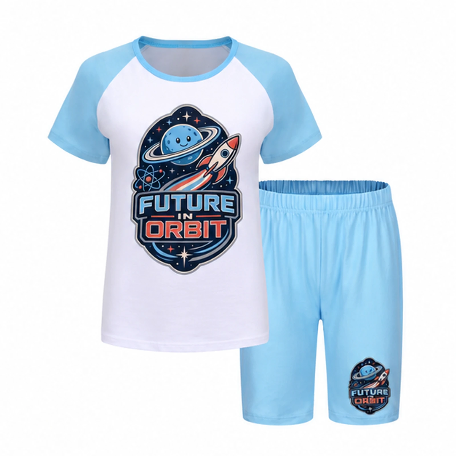 Future in Orbit Custom Kids Summer Sports Set, AI-redrawn from the exact blank product and approved logo reference, alternate approved color view