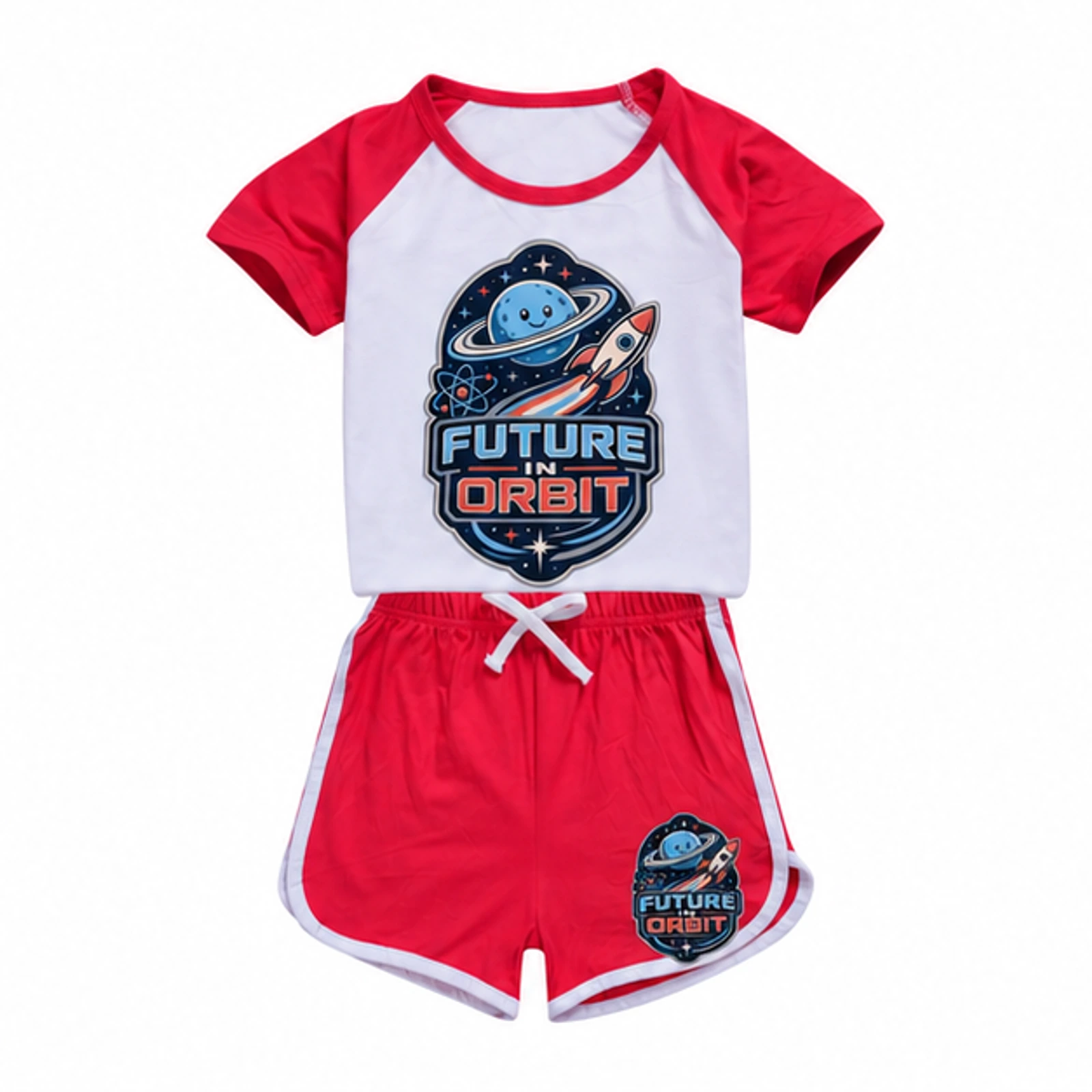 Future in Orbit Custom Kids Summer Sports Set, AI-redrawn from the exact blank product and approved logo reference, alternate clean ecommerce view