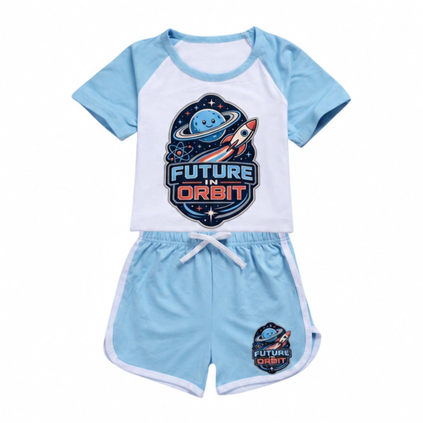 Future in Orbit Custom Kids Summer Sports Set, AI-redrawn from the exact blank product and approved logo reference