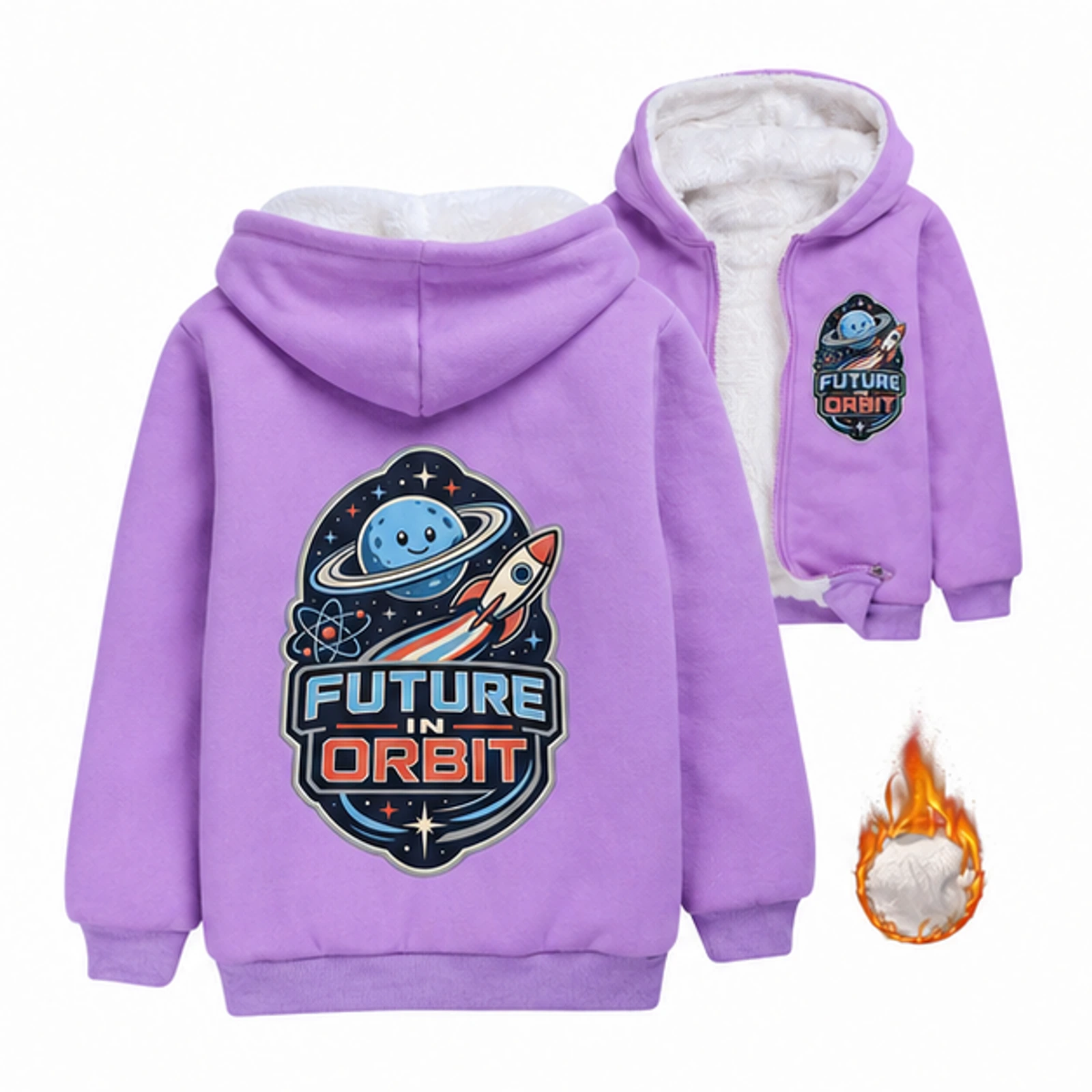 Purple option for Future in Orbit Custom Kids Thick Zip Winter Jacket, AI-redrawn from the exact blank product and approved logo reference