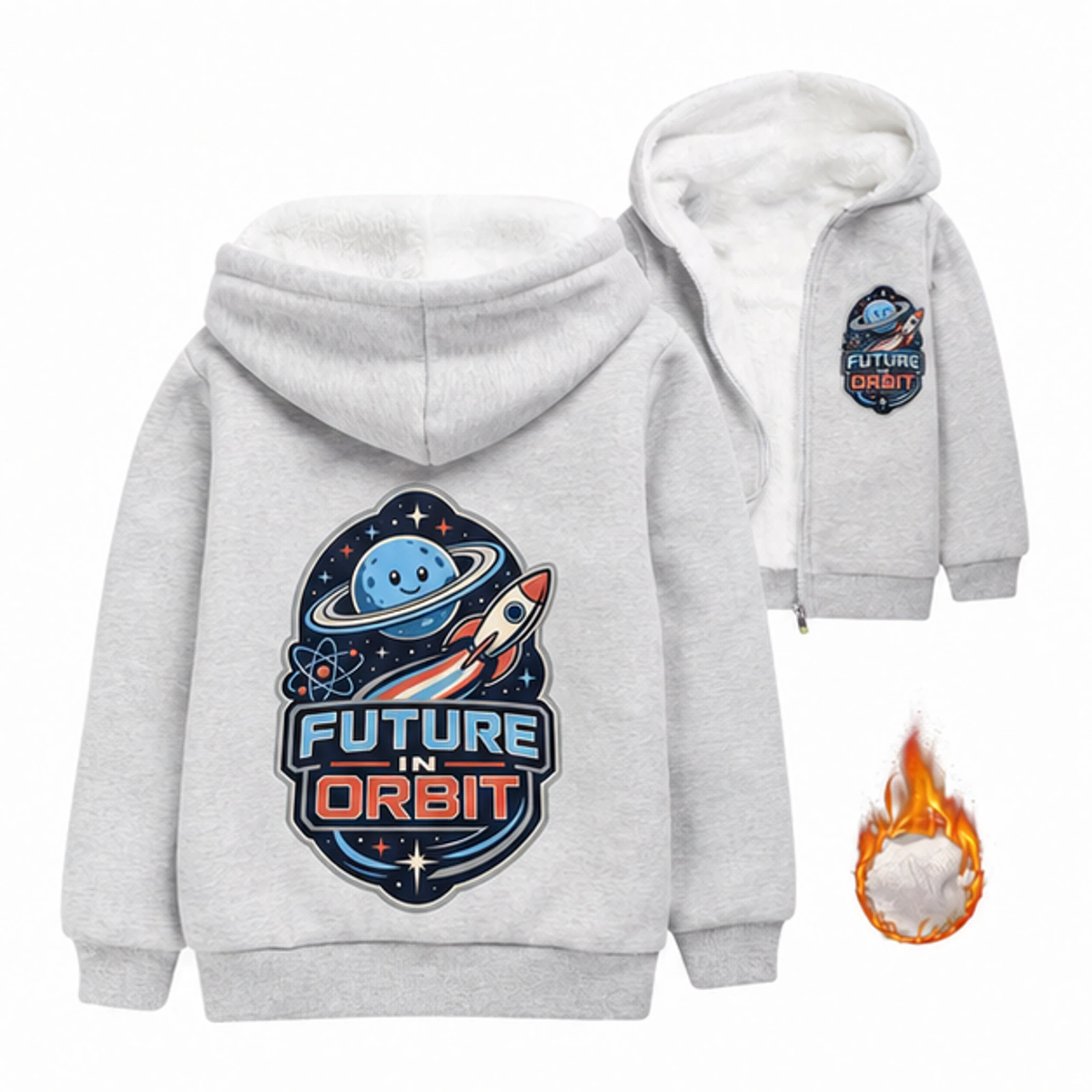Future in Orbit Custom Kids Thick Zip Winter Jacket, AI-redrawn from the exact blank product and approved logo reference, alternate approved color view