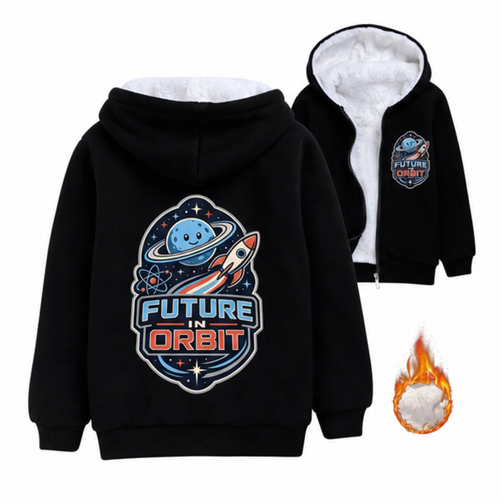 Future in Orbit Custom Kids Thick Zip Winter Jacket, AI-redrawn from the exact blank product and approved logo reference, alternate clean ecommerce view