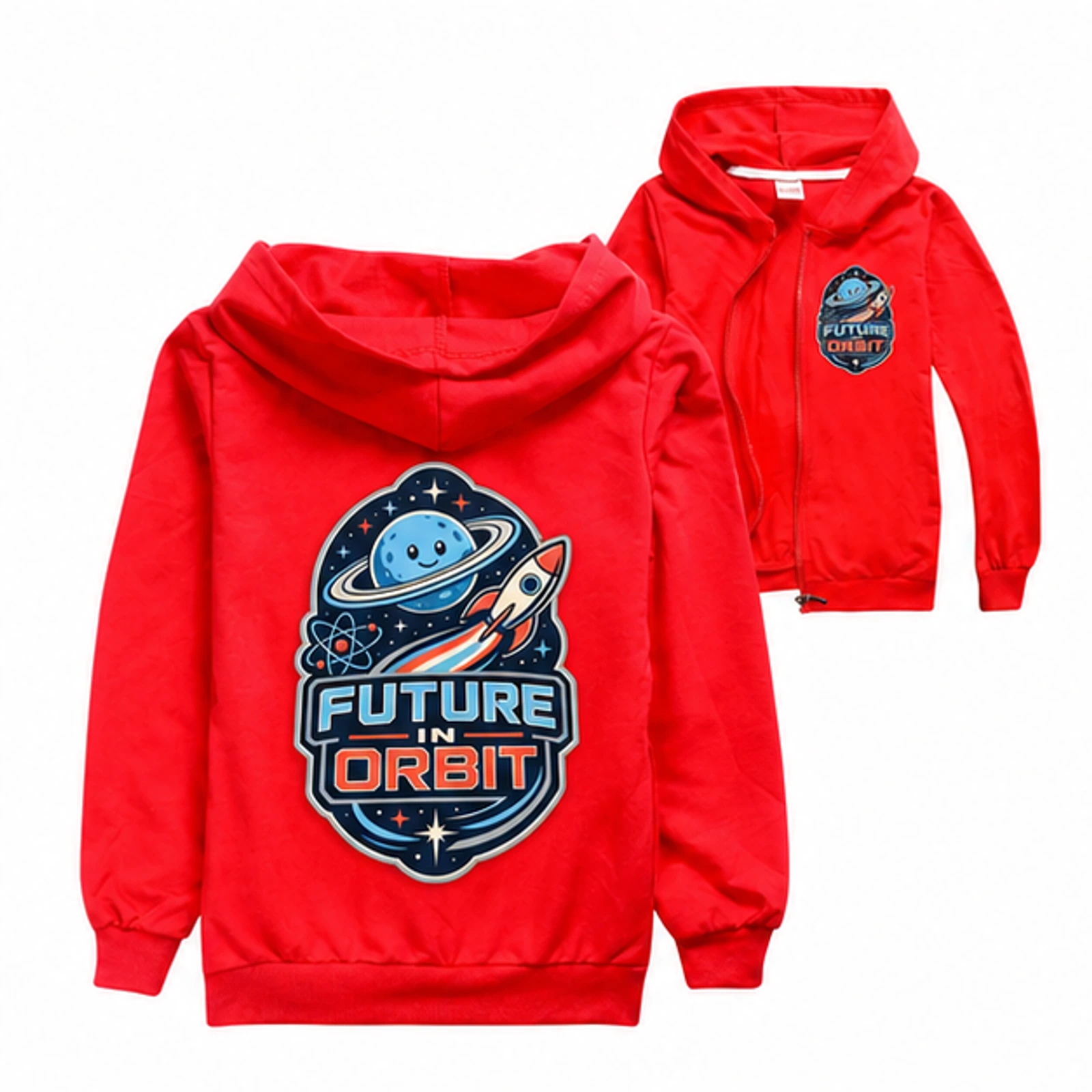 Red option for Future in Orbit Custom Kids Zip-Up Cardigan Jacket, AI-redrawn from the exact blank product and approved logo reference