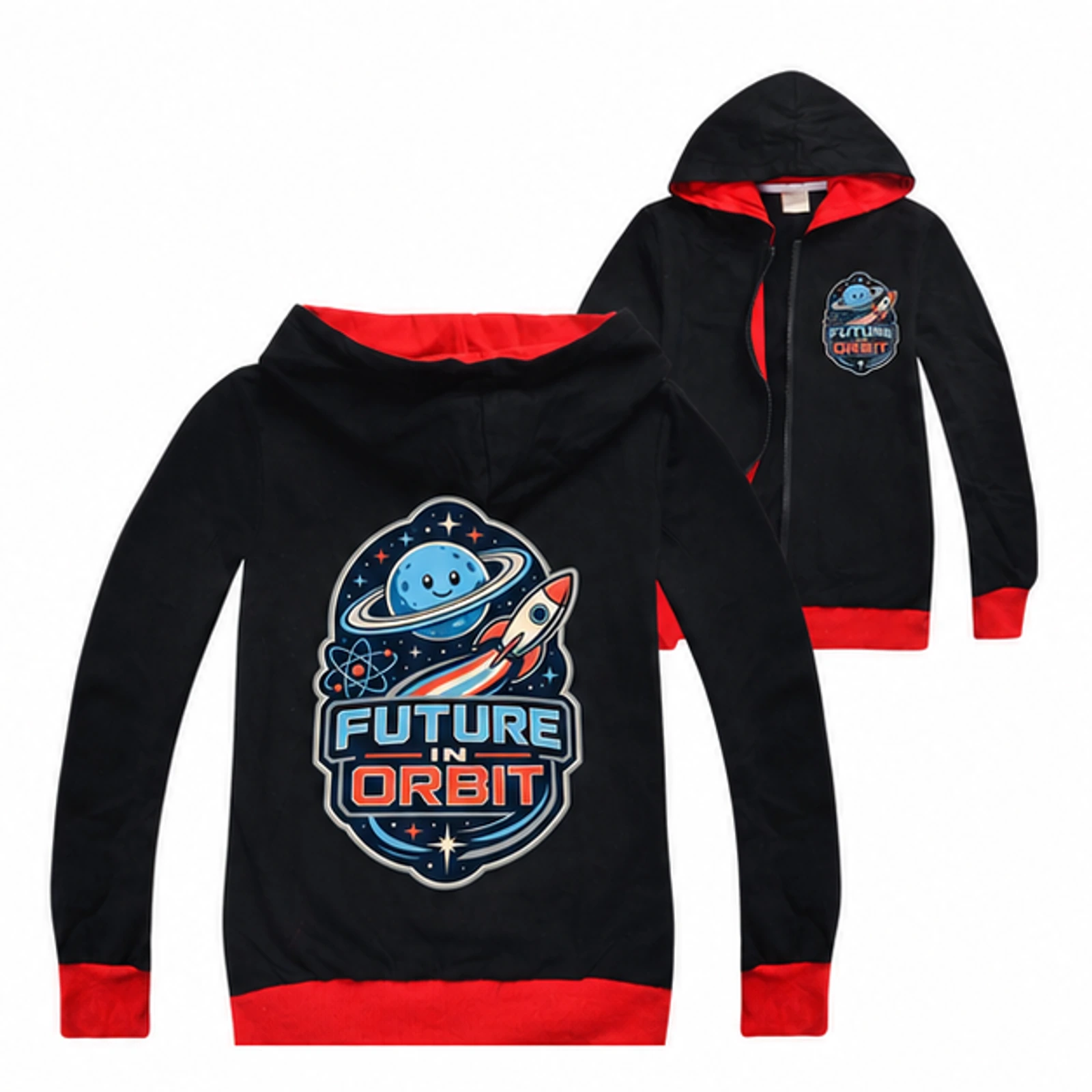 Black option for Future in Orbit Custom Kids Zip-Up Cardigan Jacket, AI-redrawn from the exact blank product and approved logo reference