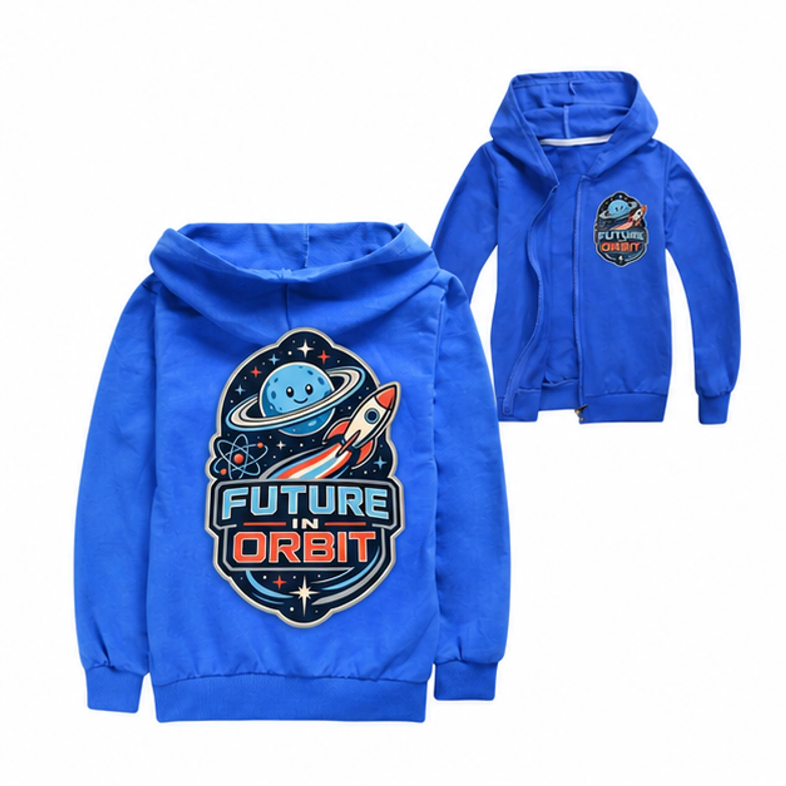 Future in Orbit Custom Kids Zip-Up Cardigan Jacket, AI-redrawn from the exact blank product and approved logo reference, alternate clean ecommerce view