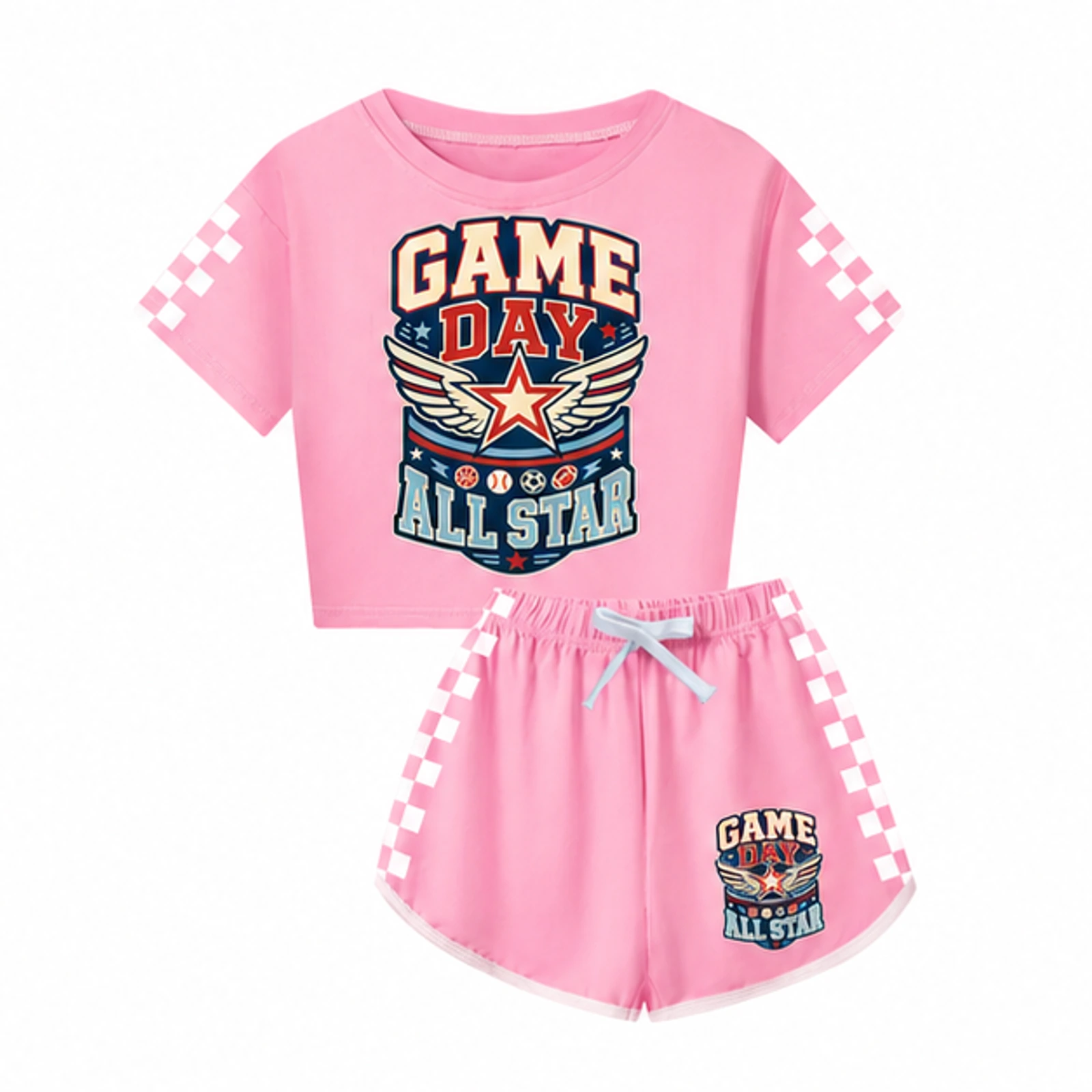Pink option for Game Day All Star Custom Family Checker Short-Sleeve Top and Shorts Set, AI-redrawn from the exact blank product and approved logo reference
