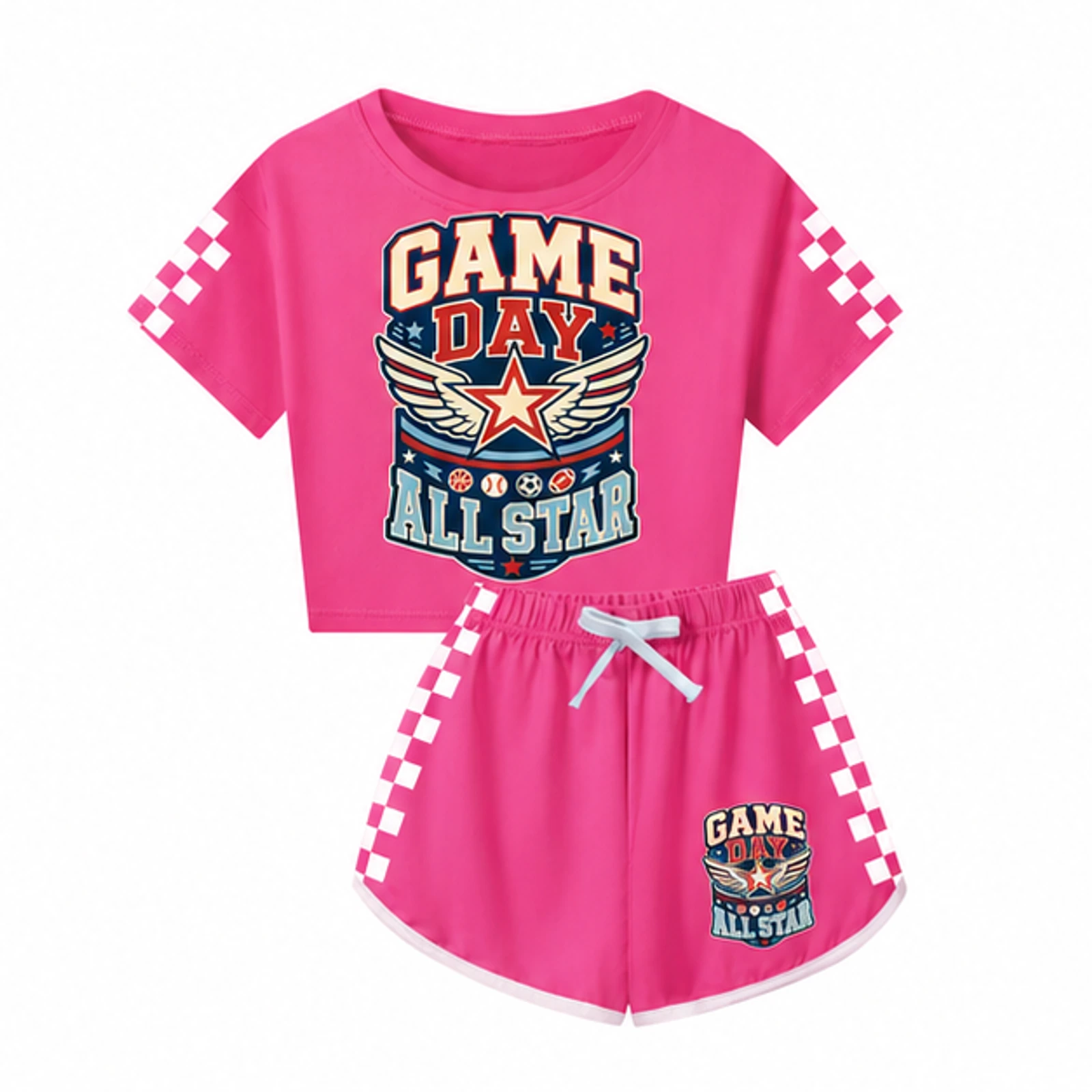 Game Day All Star Custom Family Checker Short-Sleeve Top and Shorts Set, AI-redrawn from the exact blank product and approved logo reference, alternate clean ecommerce view