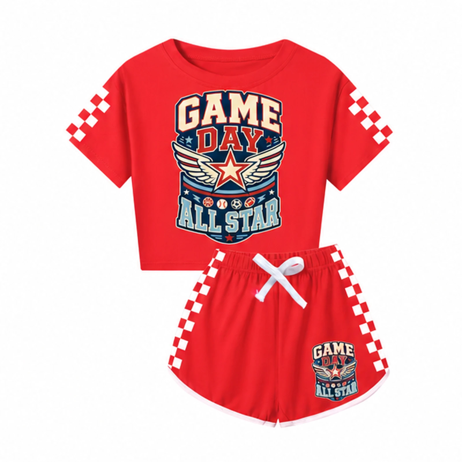 Game Day All Star Custom Family Checker Short-Sleeve Top and Shorts Set, AI-redrawn from the exact blank product and approved logo reference