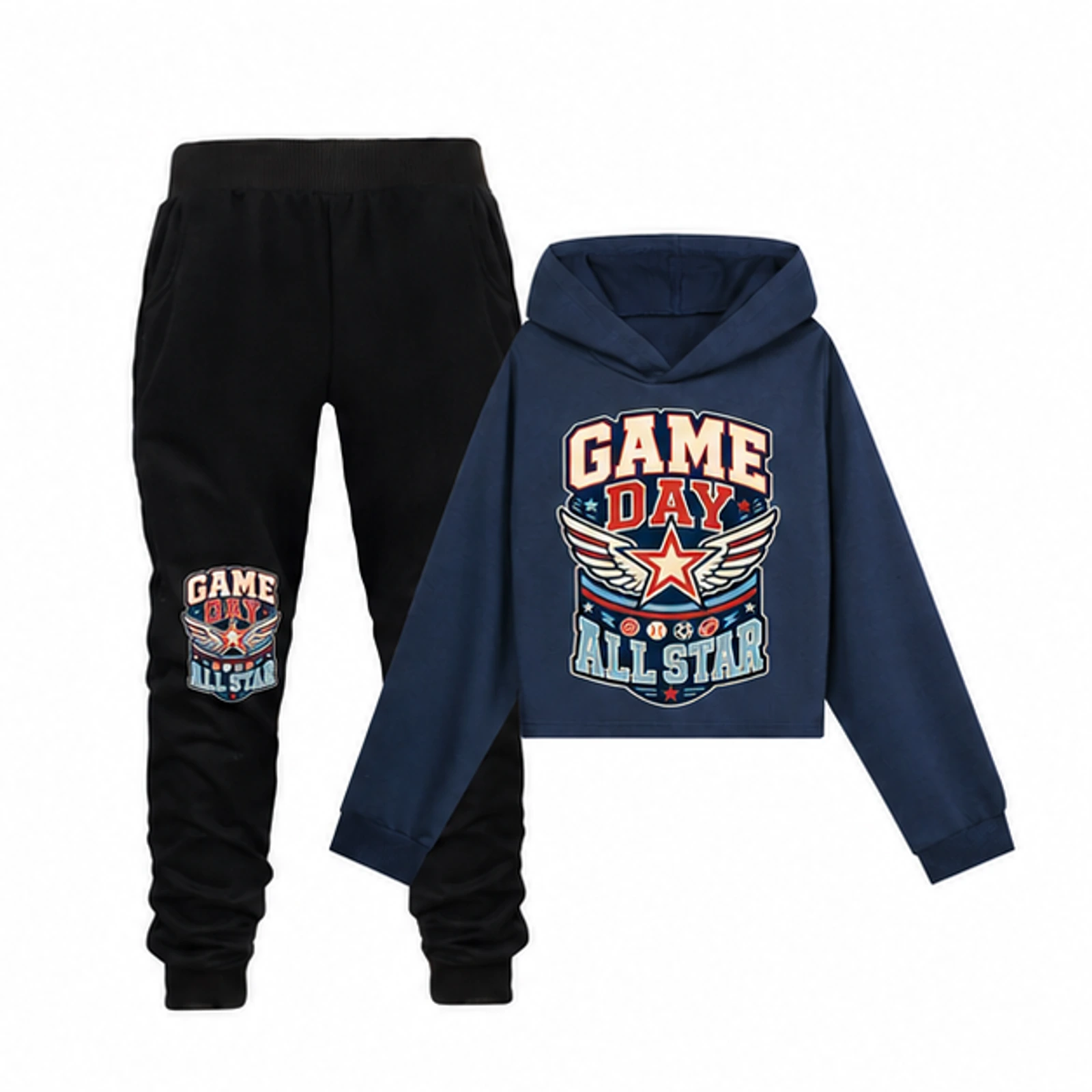 Game Day All Star Custom Girls Cropped Hoodie and Pants Set, AI-redrawn from the exact blank product and approved logo reference, alternate approved color view