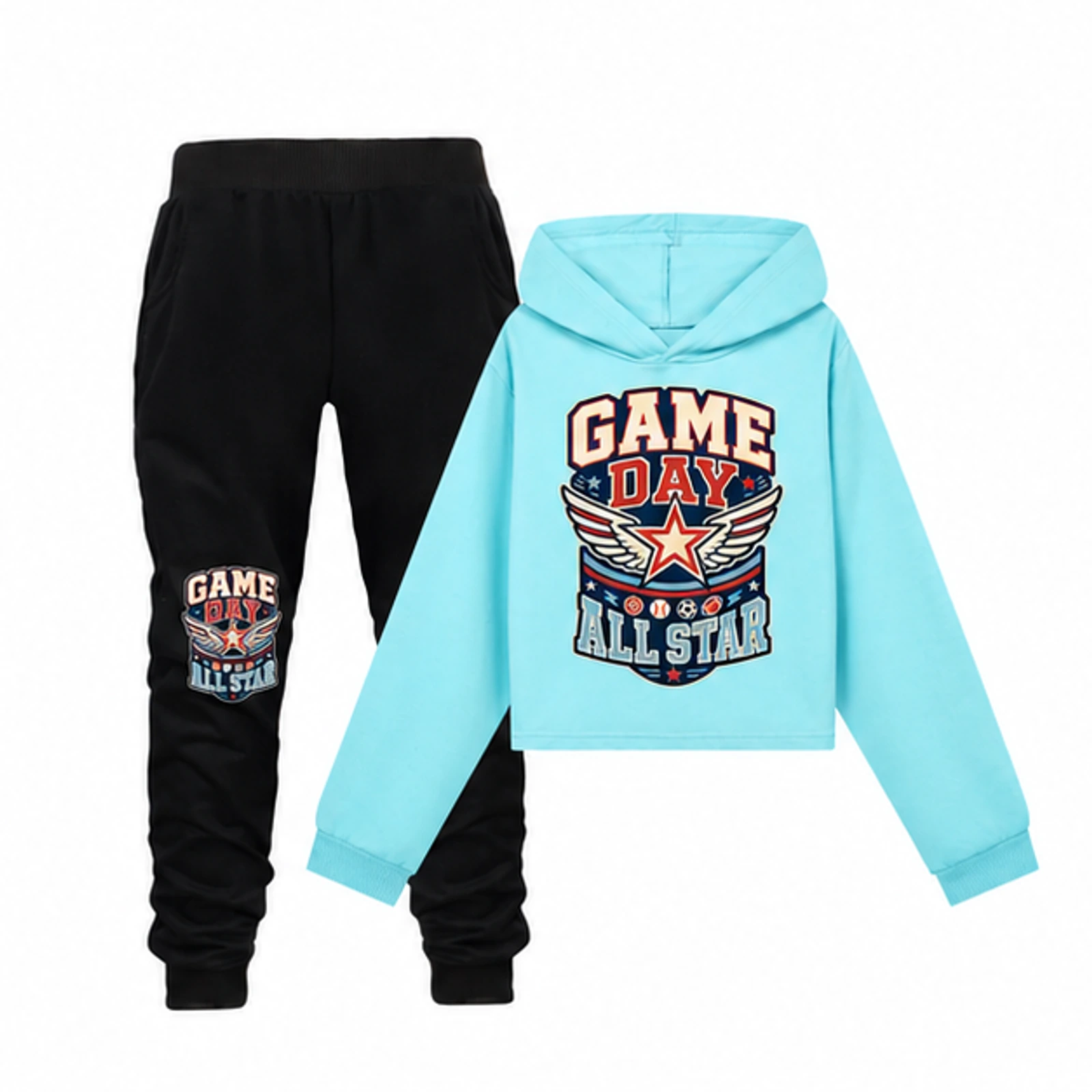 Game Day All Star Custom Girls Cropped Hoodie and Pants Set, AI-redrawn from the exact blank product and approved logo reference, alternate clean ecommerce view