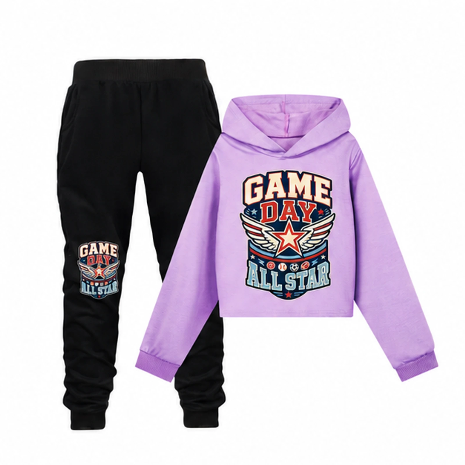 Game Day All Star Custom Girls Cropped Hoodie and Pants Set, AI-redrawn from the exact blank product and approved logo reference