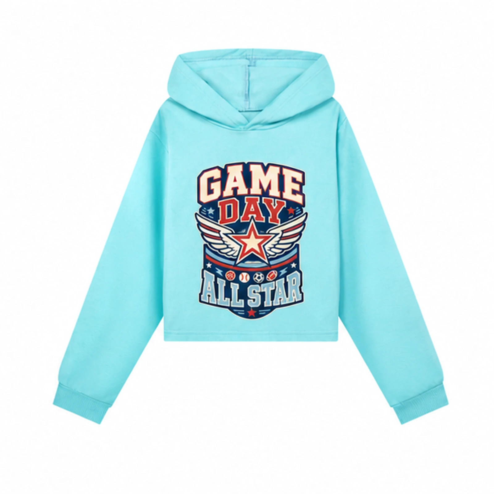 Game Day All Star Custom Girls Cropped Hoodie, AI-redrawn from the exact blank product and approved logo reference, alternate approved color view
