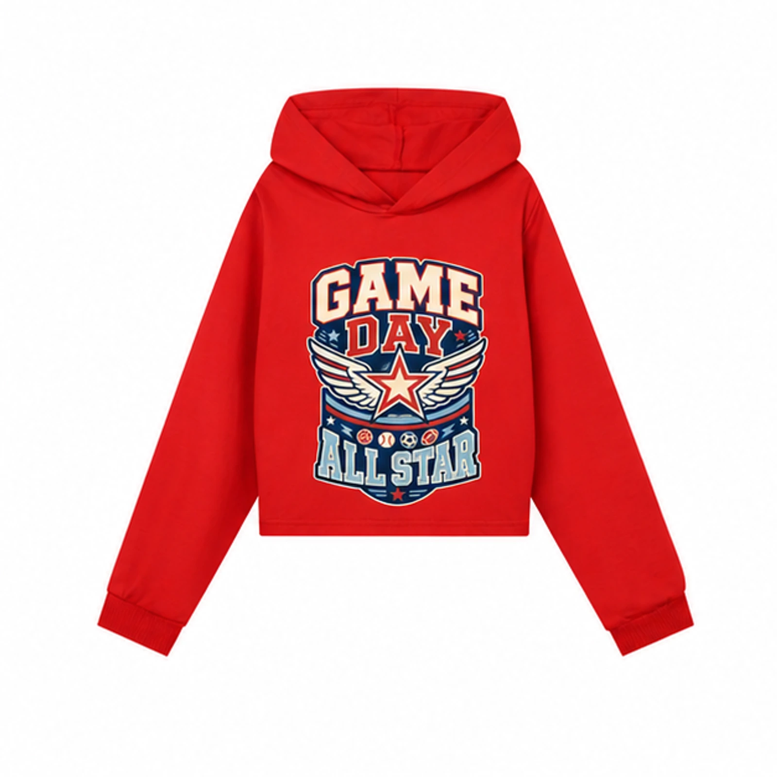 Game Day All Star Custom Girls Cropped Hoodie, AI-redrawn from the exact blank product and approved logo reference, alternate clean ecommerce view