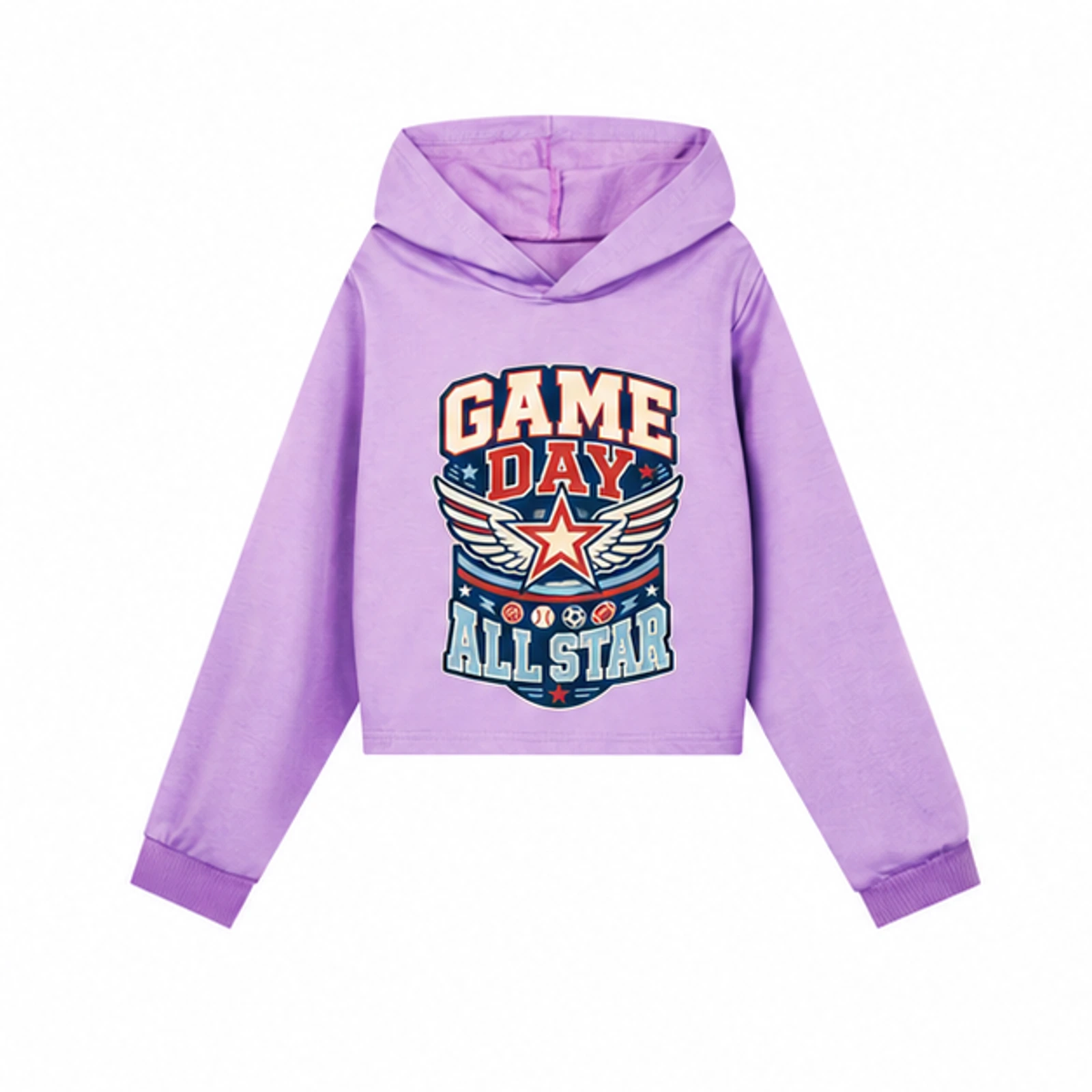 Game Day All Star Custom Girls Cropped Hoodie, AI-redrawn from the exact blank product and approved logo reference