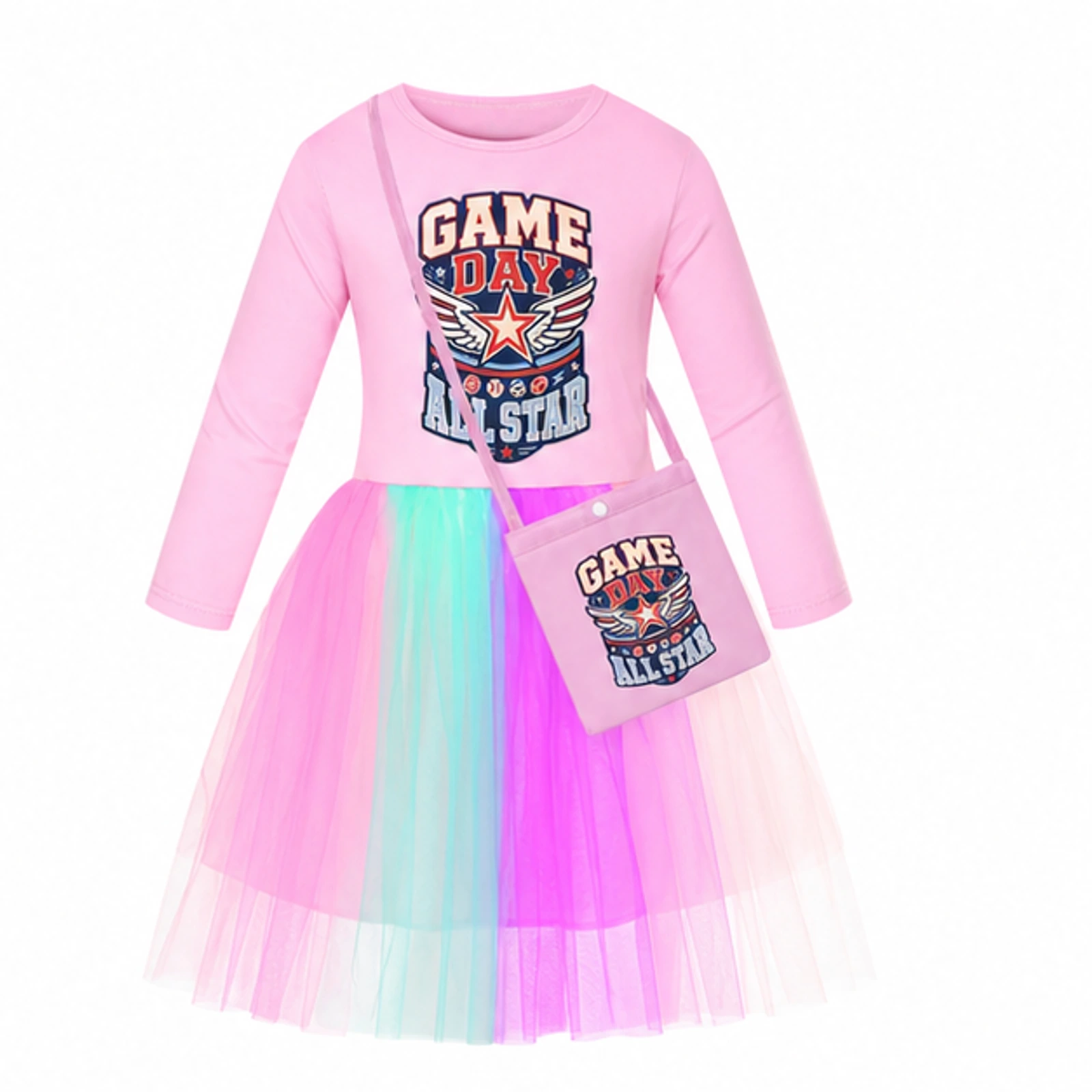 Game Day All Star Custom Girls Long Tulle and Star Skirt Styles with Bag, AI-redrawn from the exact blank product and approved logo reference, alternate approved color view