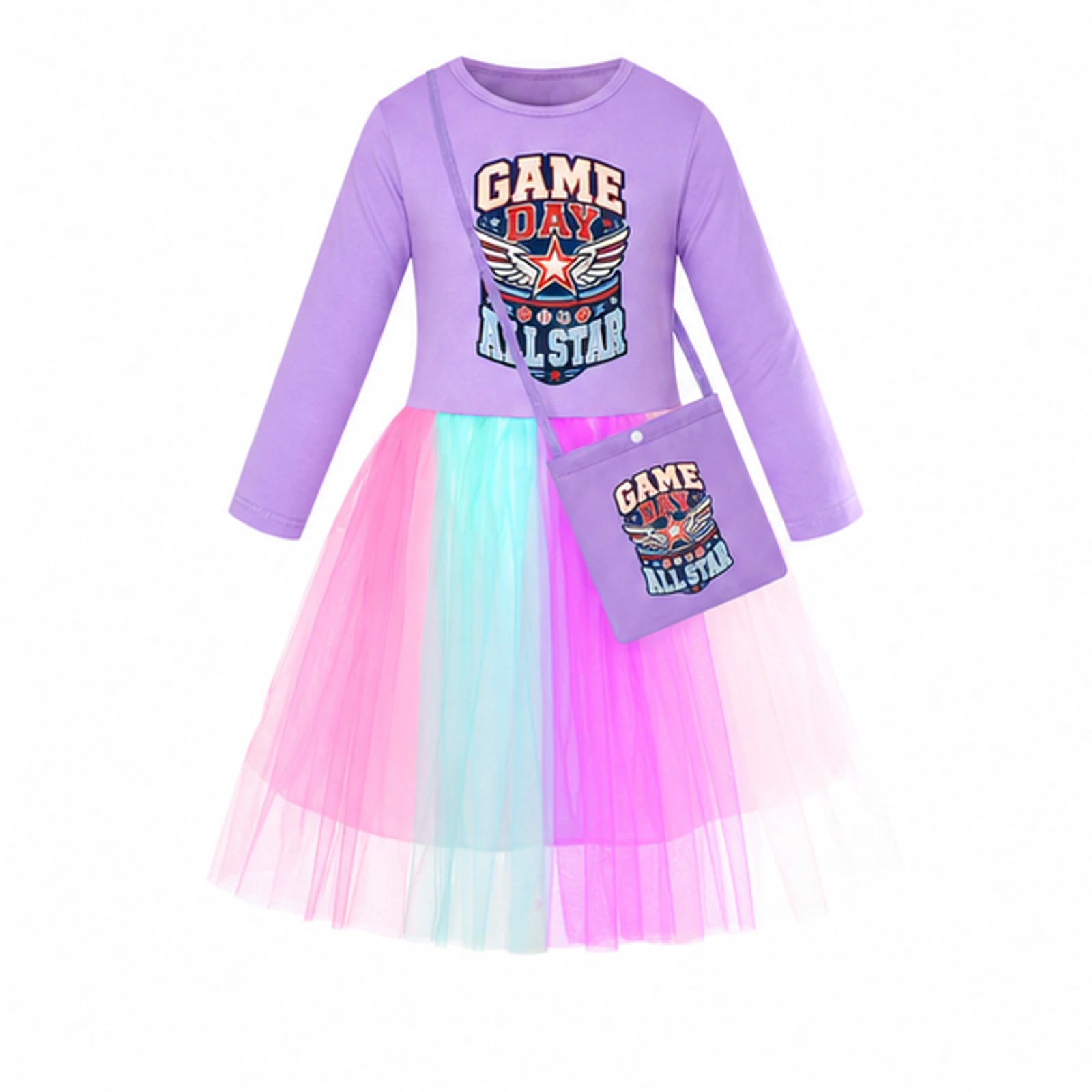 Game Day All Star Custom Girls Long Tulle and Star Skirt Styles with Bag, AI-redrawn from the exact blank product and approved logo reference, alternate clean ecommerce view