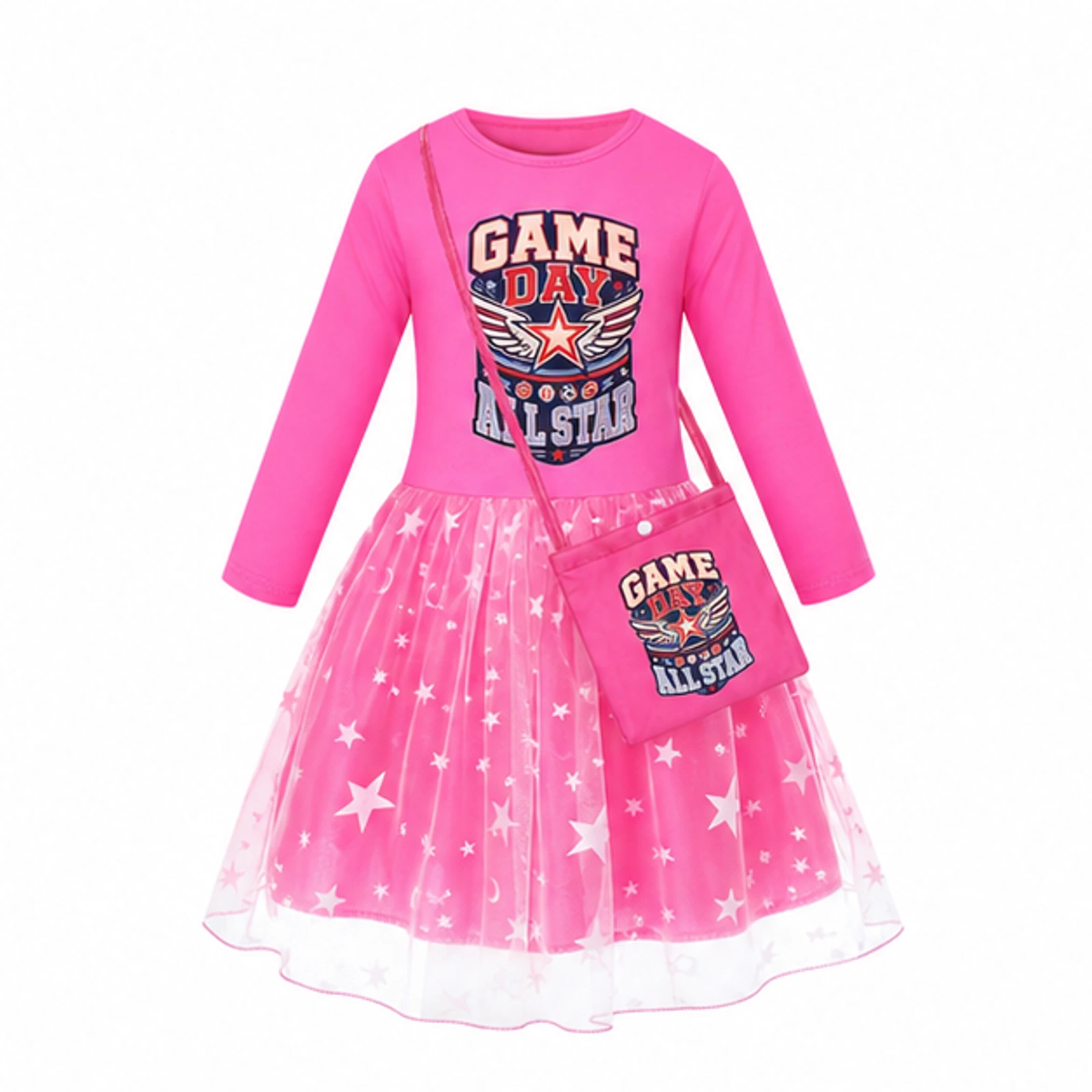 Game Day All Star Custom Girls Long Tulle and Star Skirt Styles with Bag, AI-redrawn from the exact blank product and approved logo reference