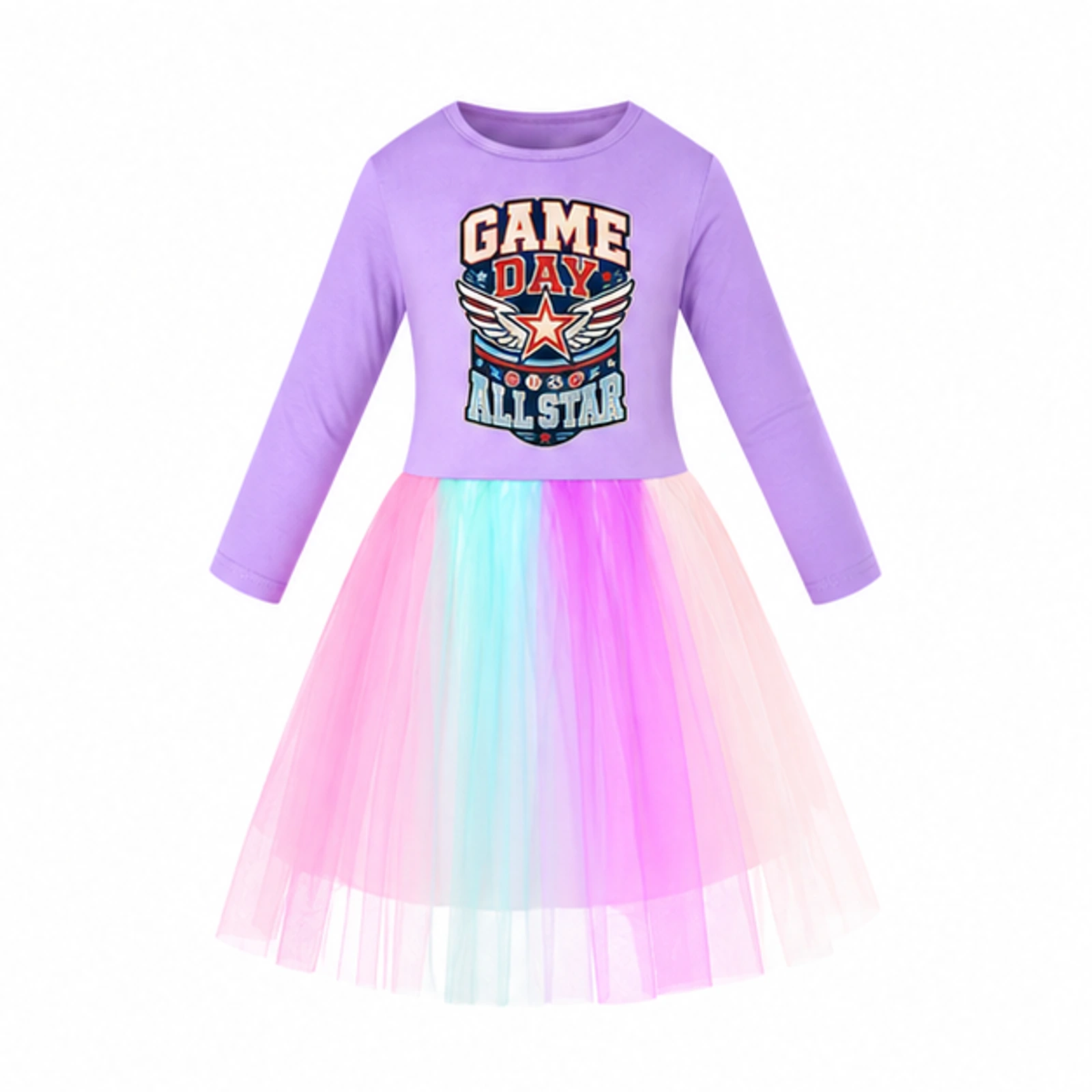 Purple · Long Tulle Skirt option for Game Day All Star Custom Girls Long Tulle and Star Skirt Styles, AI-redrawn from the exact blank product and approved logo reference