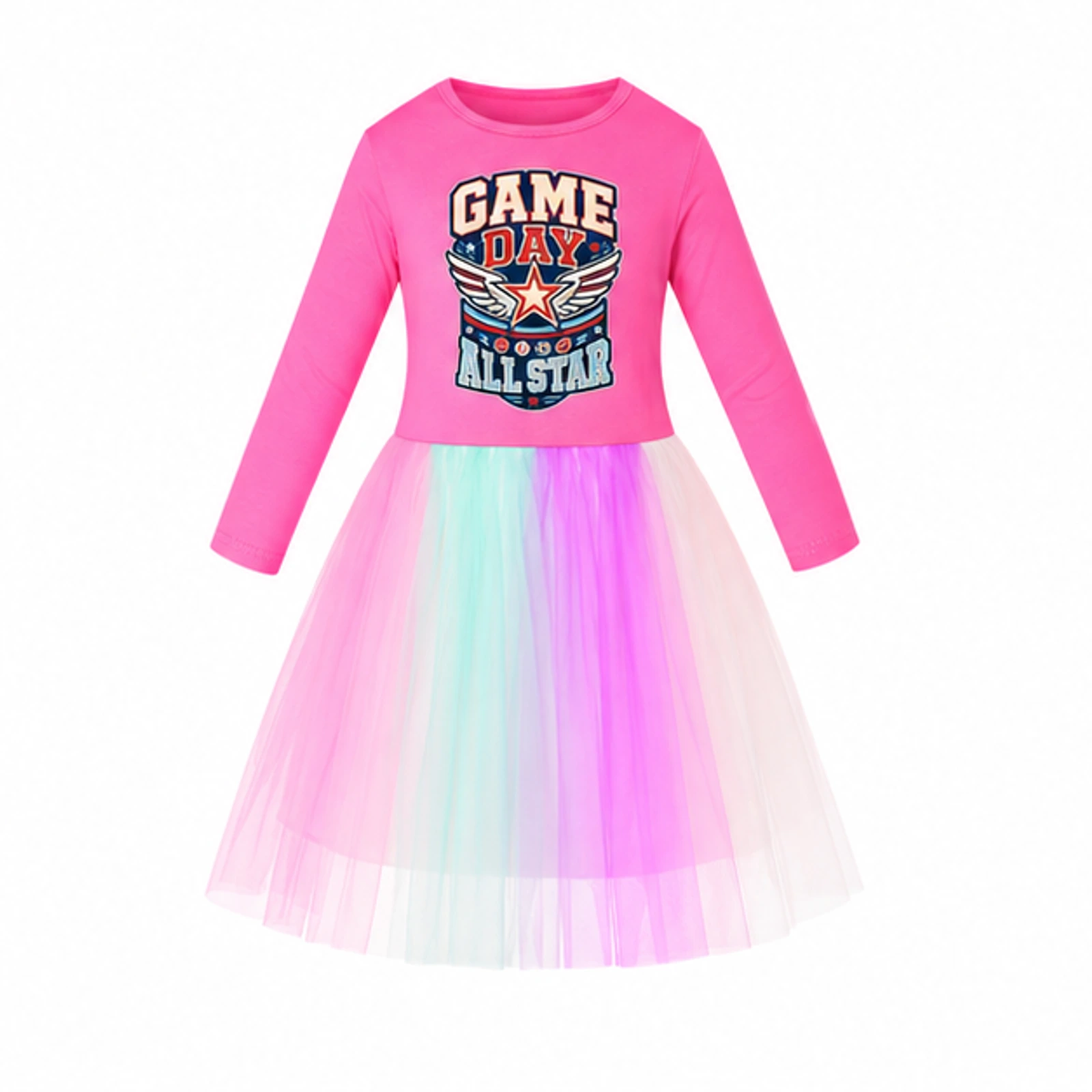 Game Day All Star Custom Girls Long Tulle and Star Skirt Styles, AI-redrawn from the exact blank product and approved logo reference, alternate clean ecommerce view