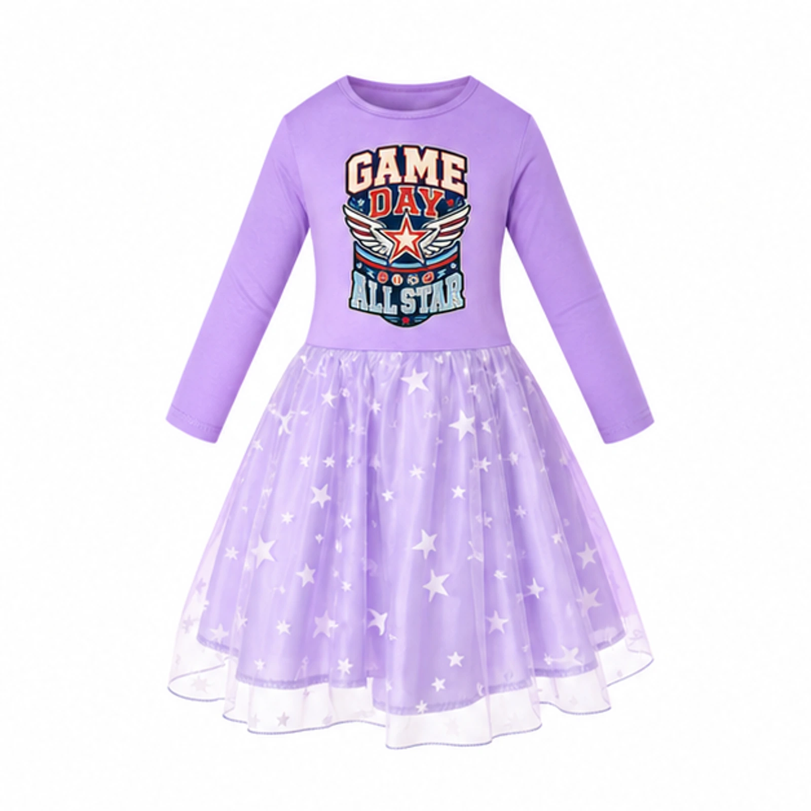 Game Day All Star Custom Girls Long Tulle and Star Skirt Styles, AI-redrawn from the exact blank product and approved logo reference