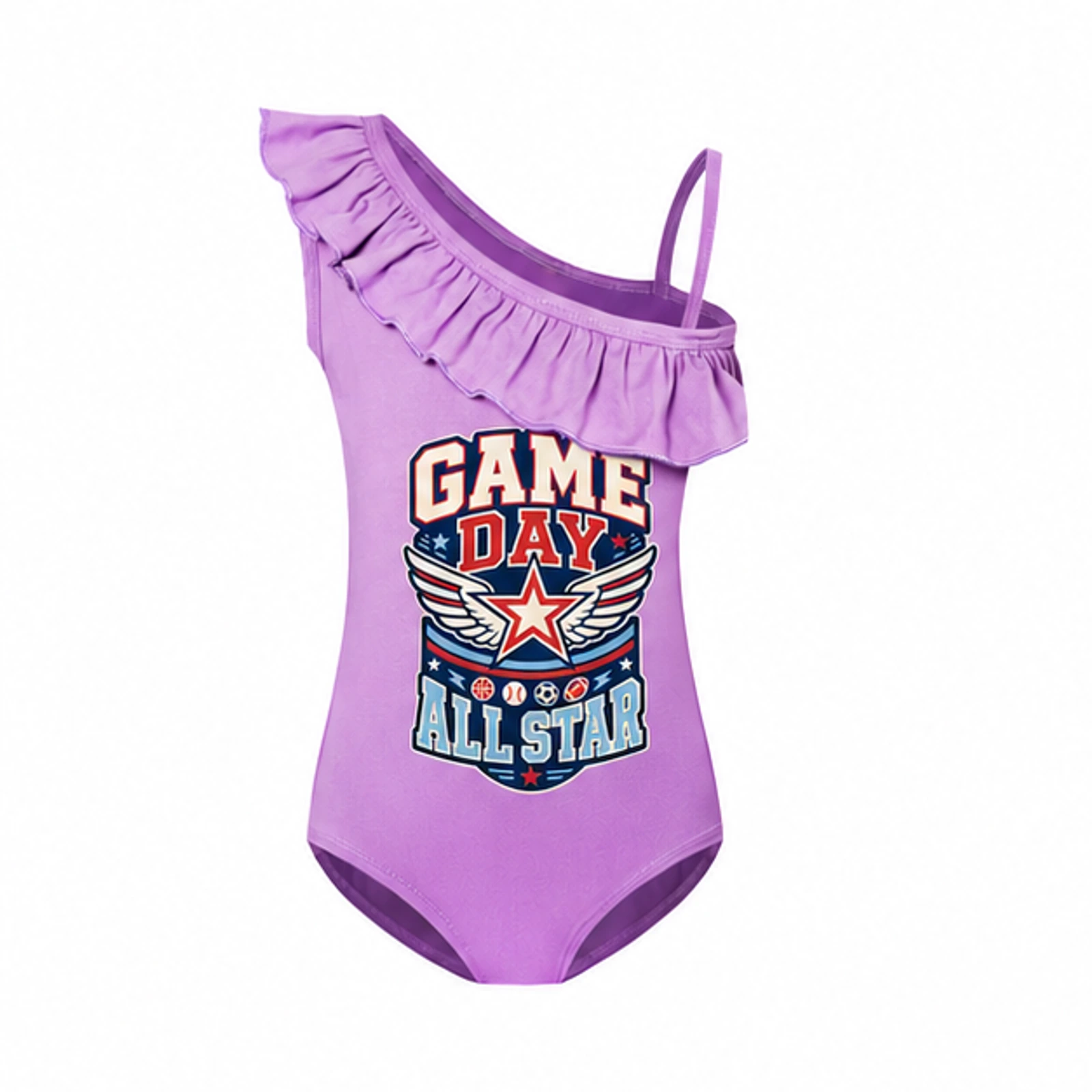 Purple option for Game Day All Star Custom Girls Asymmetric-Ruffle One-Piece Swimsuit, AI-redrawn from the exact blank product and approved logo reference
