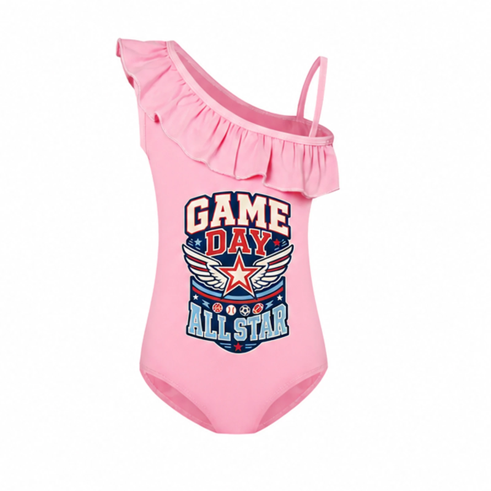 Pink option for Game Day All Star Custom Girls Asymmetric-Ruffle One-Piece Swimsuit, AI-redrawn from the exact blank product and approved logo reference