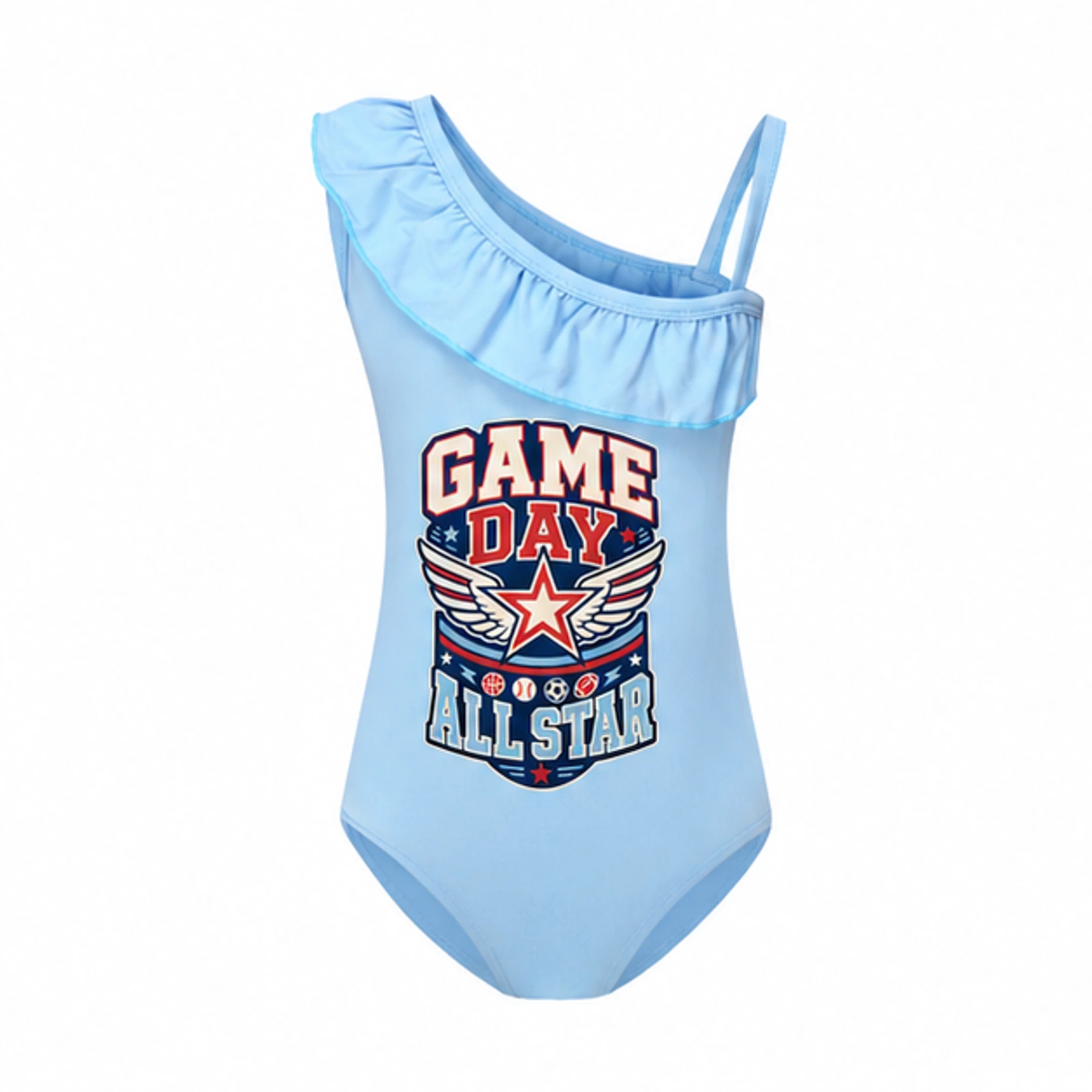 Game Day All Star Custom Girls Asymmetric-Ruffle One-Piece Swimsuit, AI-redrawn from the exact blank product and approved logo reference, alternate clean ecommerce view