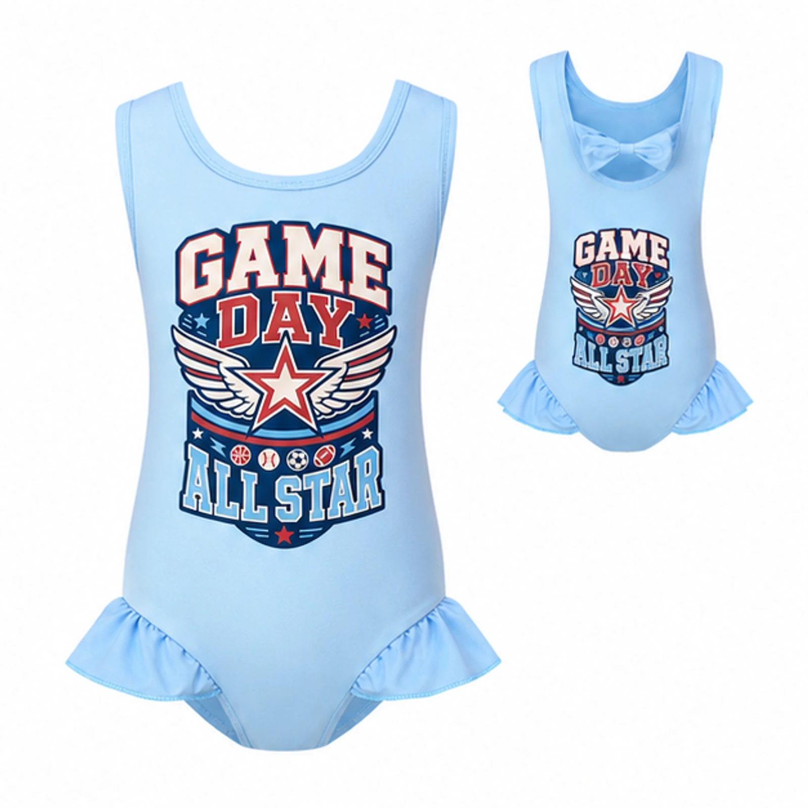 Light Blue option for Game Day All Star Custom Girls Wide-Strap Bow-Back One-Piece Swimsuit, AI-redrawn from the exact blank product and approved logo reference