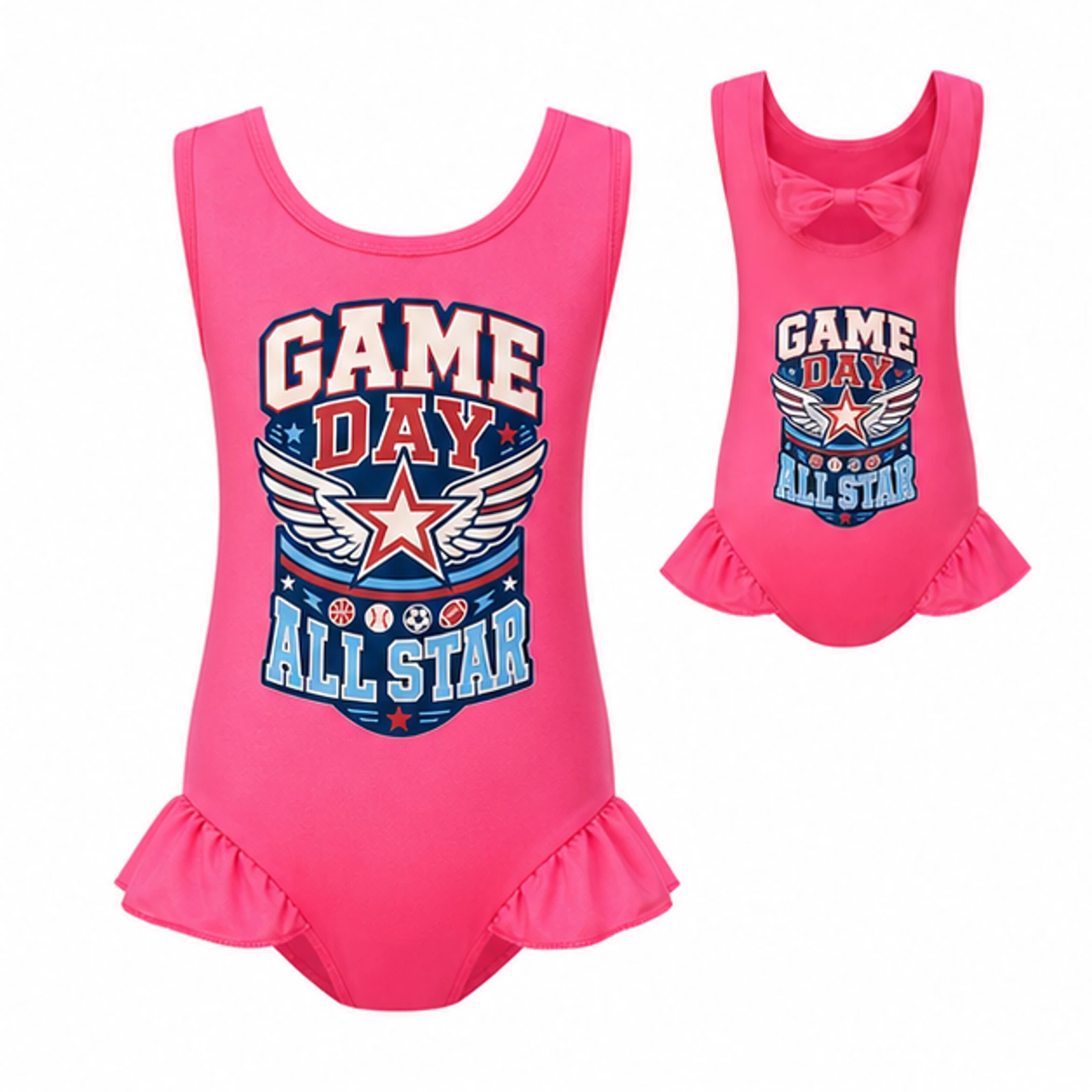 Game Day All Star Custom Girls Wide-Strap Bow-Back One-Piece Swimsuit, AI-redrawn from the exact blank product and approved logo reference, alternate clean ecommerce view