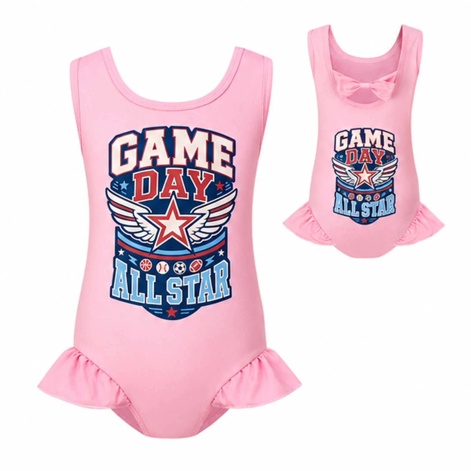 Game Day All Star Custom Girls Wide-Strap Bow-Back One-Piece Swimsuit, AI-redrawn from the exact blank product and approved logo reference