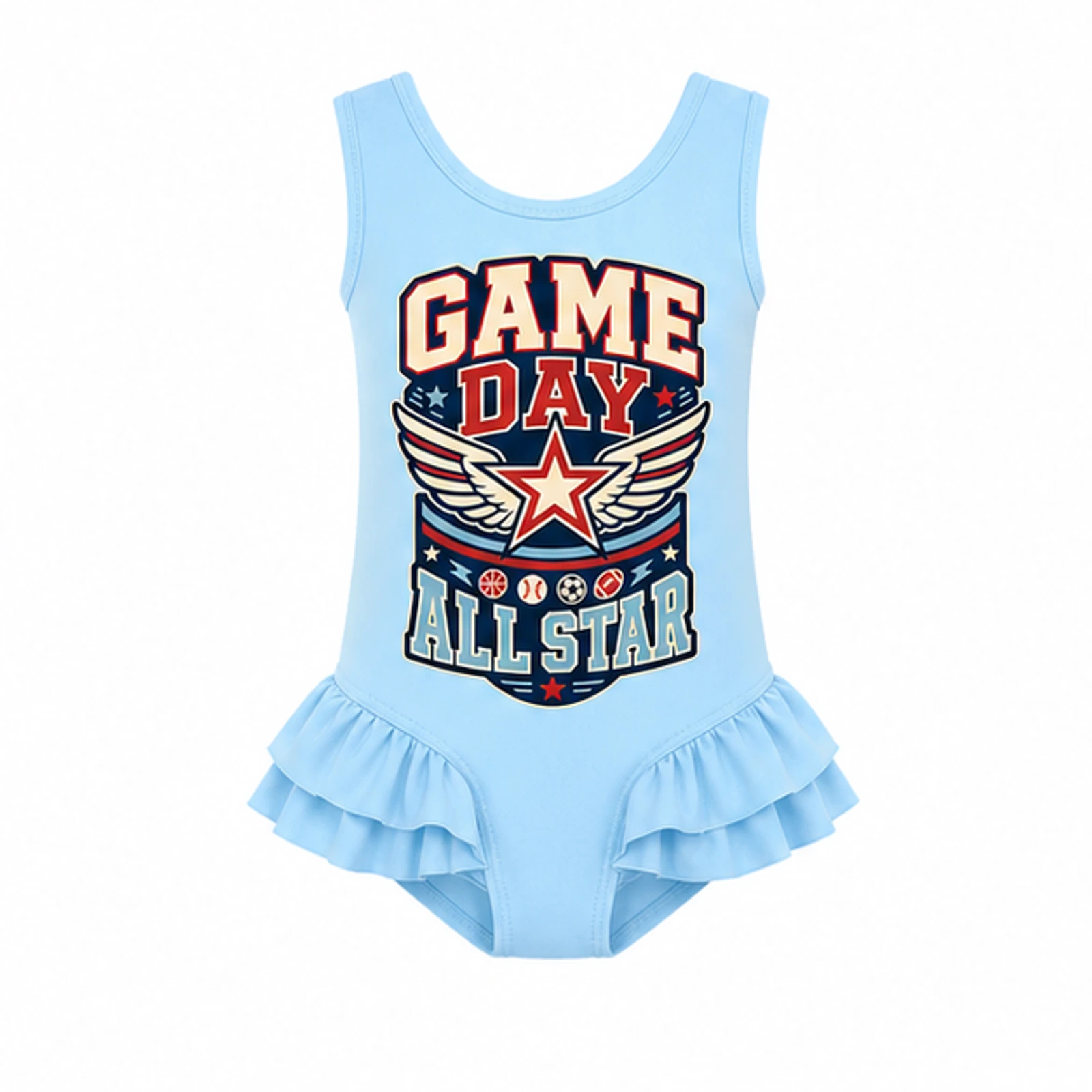 Game Day All Star Custom Girls Ruffle-Hem One-Piece Swimsuit, AI-redrawn from the exact blank product and approved logo reference, alternate clean ecommerce view