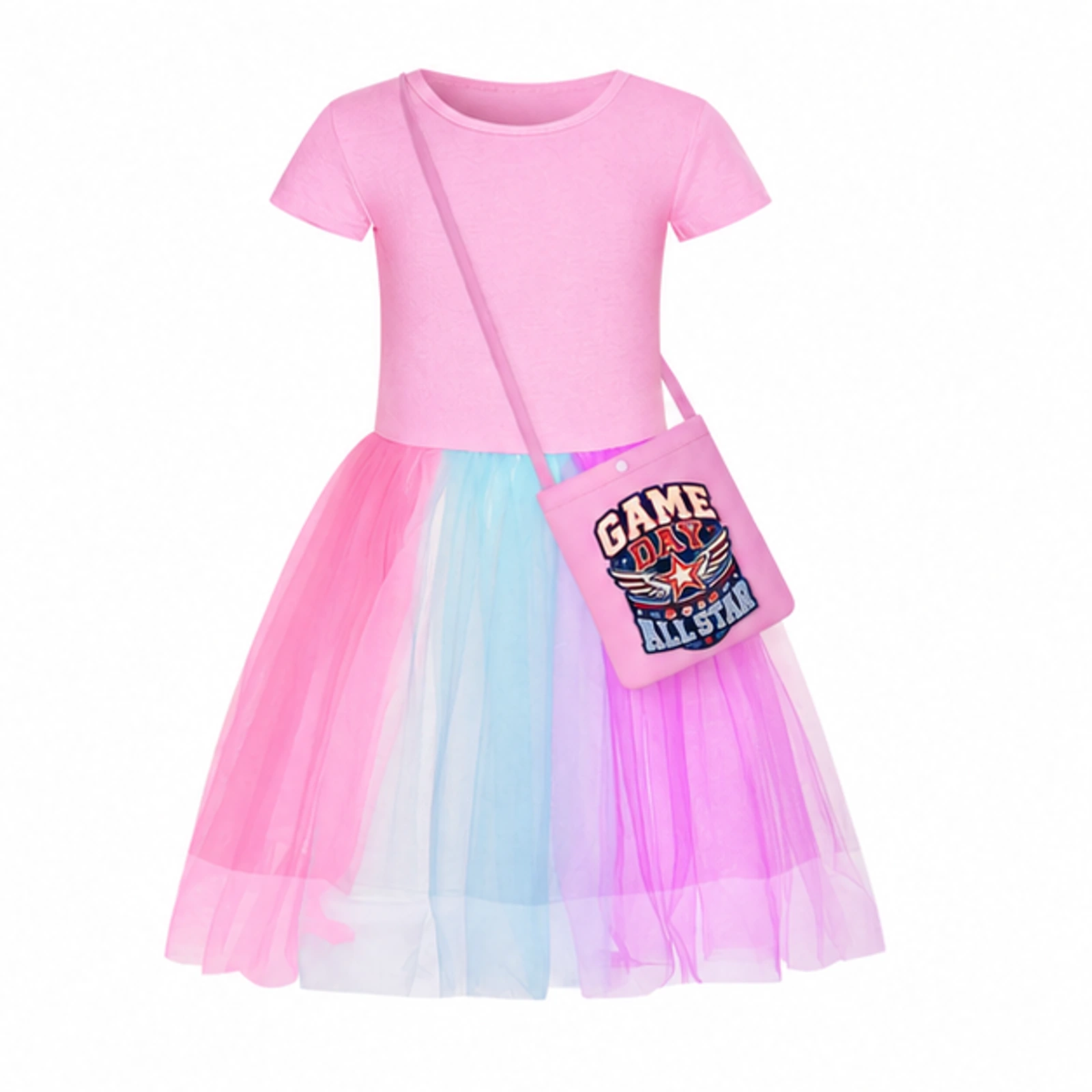 Pink · Short Tulle Skirt · with Bag option for Game Day All Star Custom Girls Short Skirt Styles with Bag, AI-redrawn from the exact blank product and approved logo reference