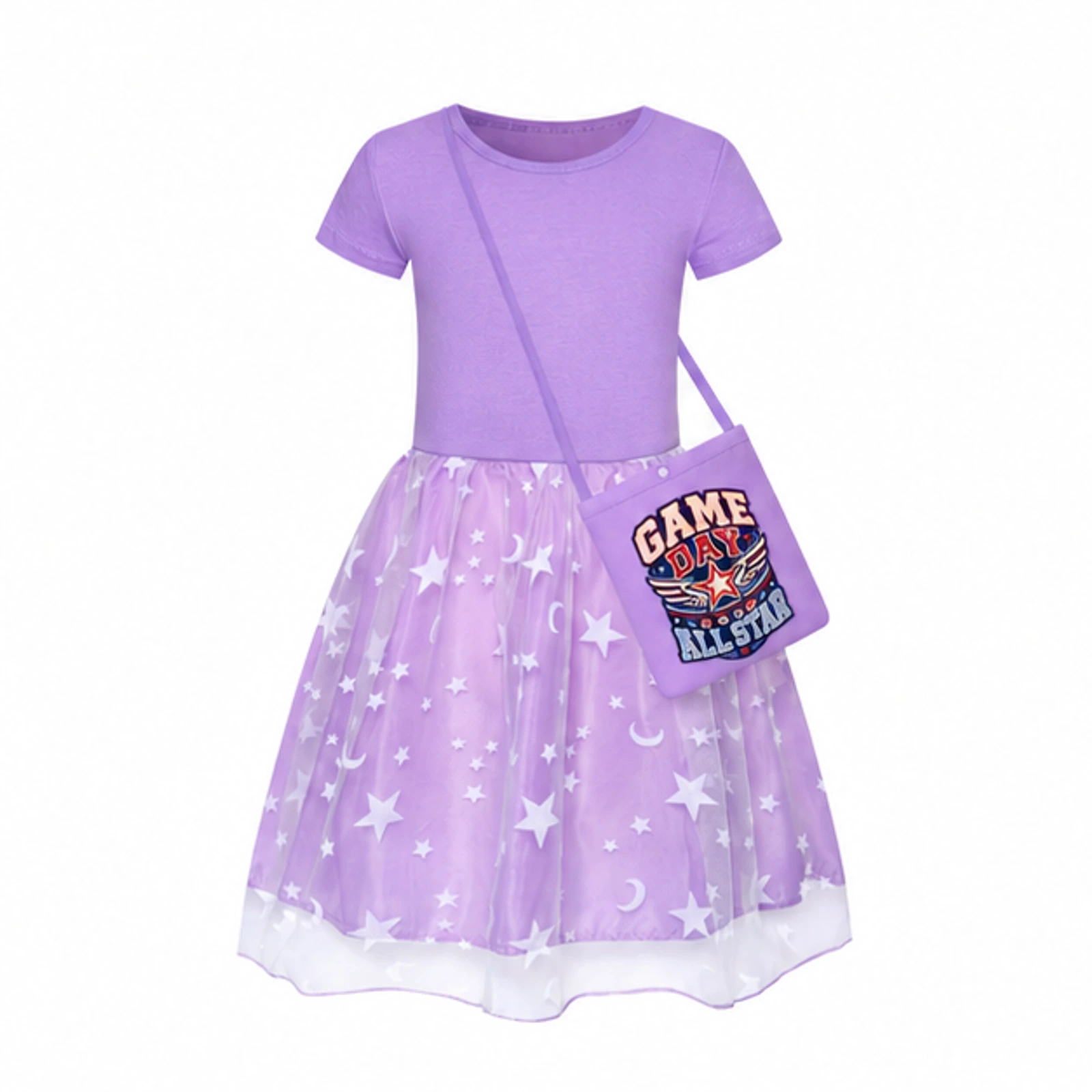 Game Day All Star Custom Girls Short Skirt Styles with Bag, AI-redrawn from the exact blank product and approved logo reference, alternate clean ecommerce view