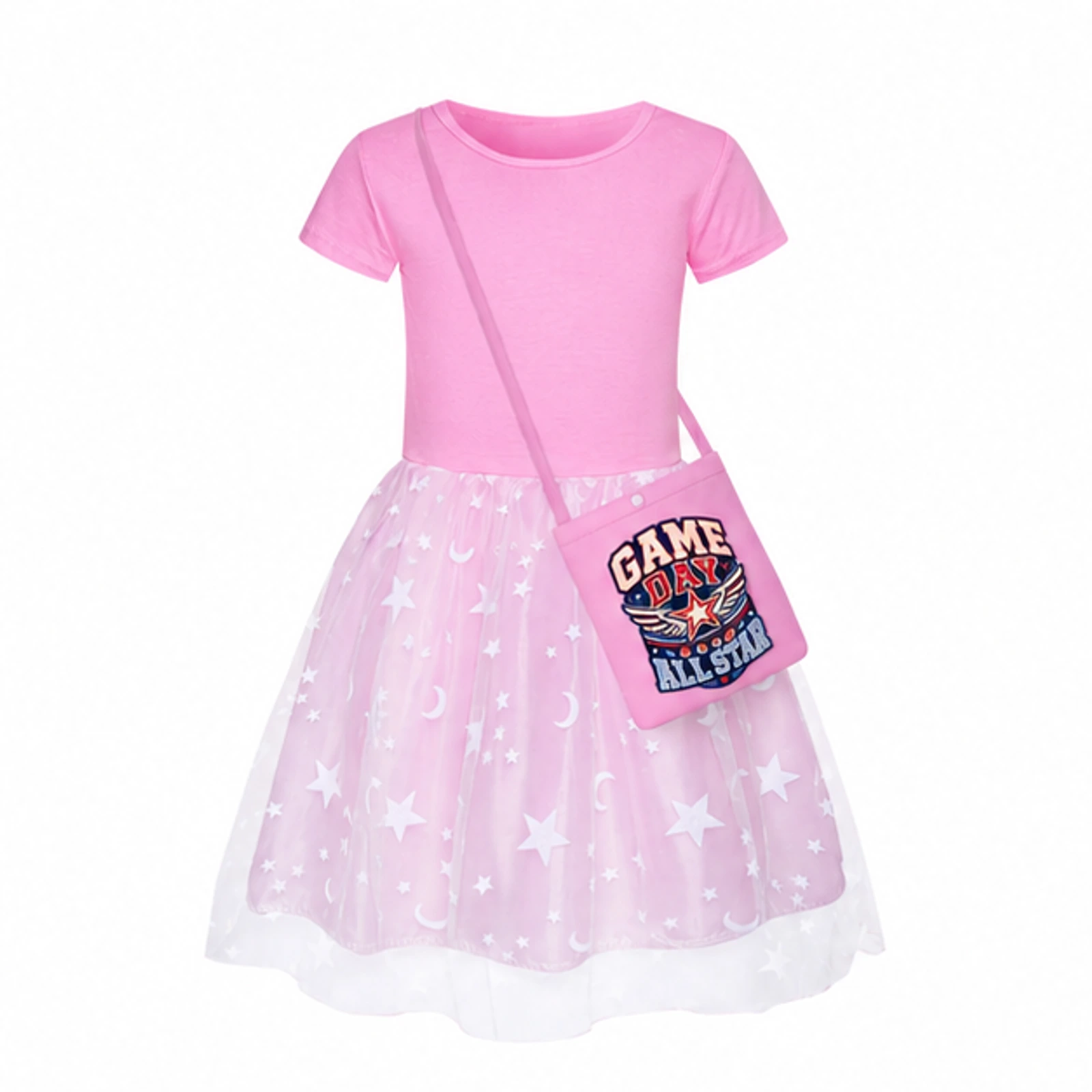 Game Day All Star Custom Girls Short Skirt Styles with Bag, AI-redrawn from the exact blank product and approved logo reference