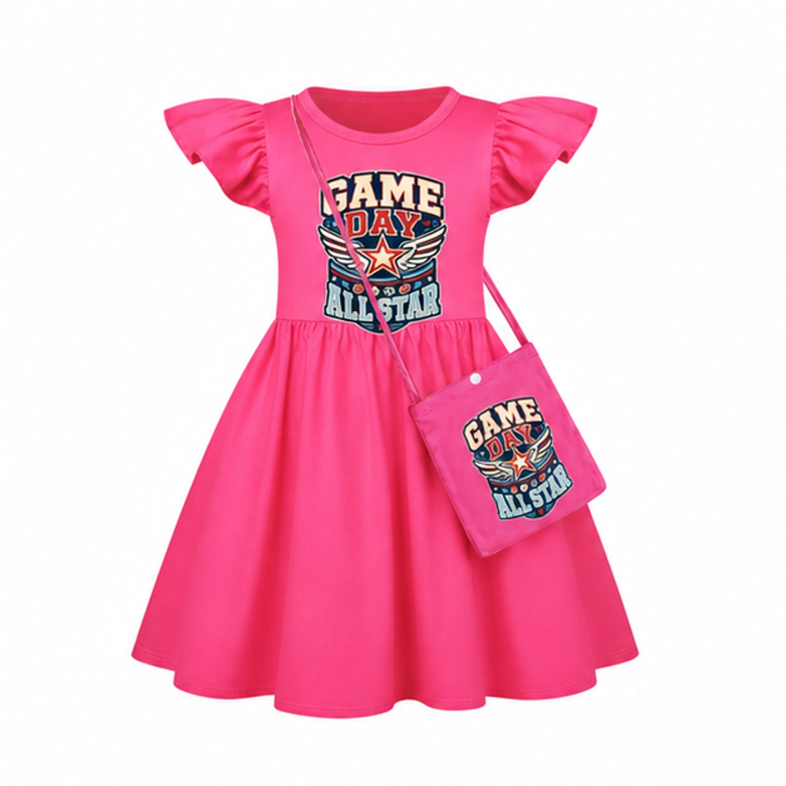 Rose Red · with Bag option for Game Day All Star Custom Girls Short-Sleeve Sleep Dress with Crossbody Bag, AI-redrawn from the exact blank product and approved logo reference